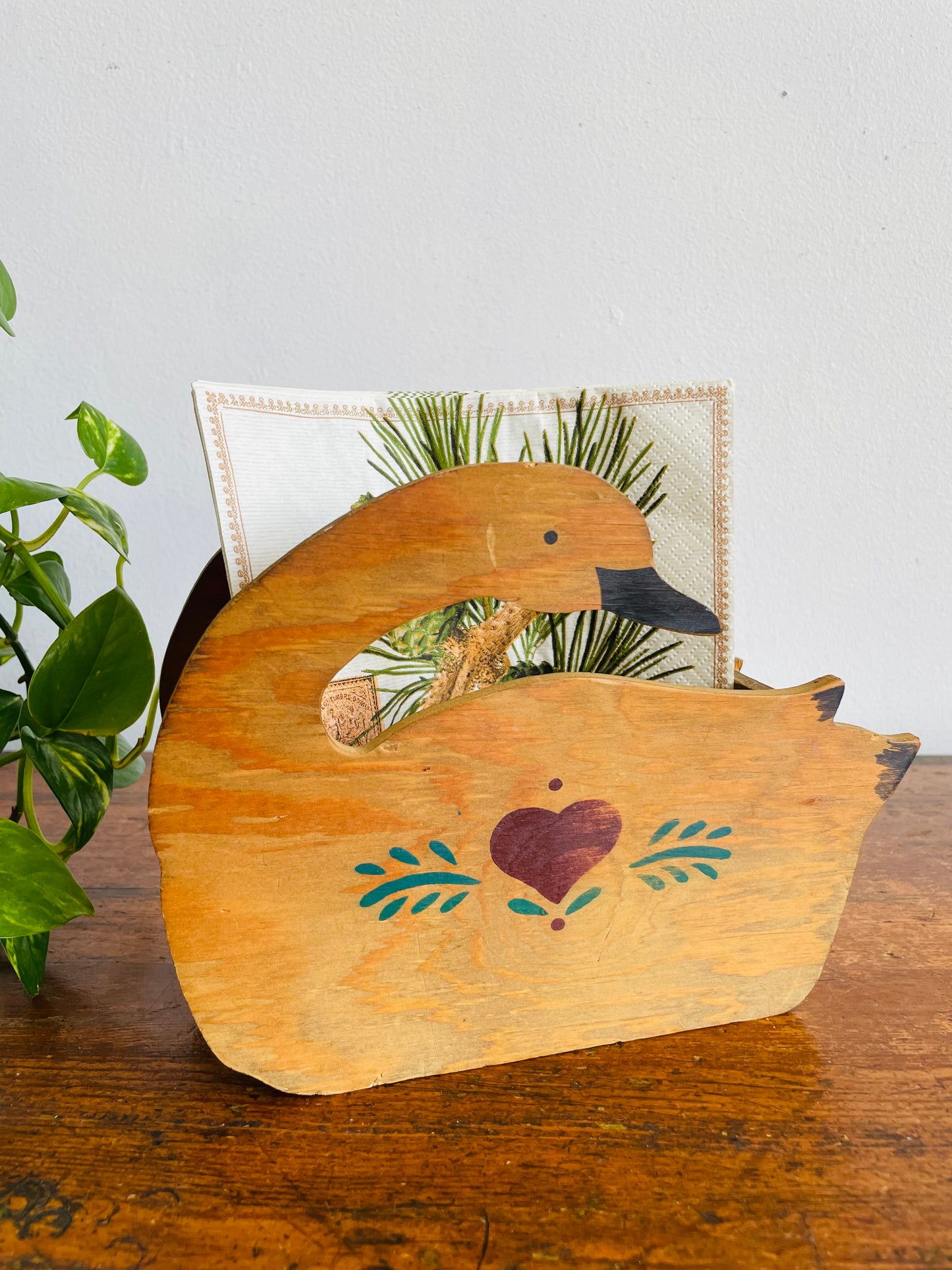 Vintage Folk Art Wood Swan Caddy Box Holder with Heart & Leaf Design - Trinkets, Planter, Napkins, Etc.