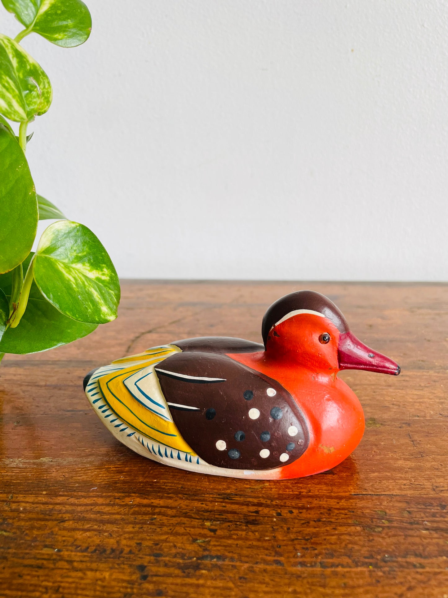 Vintage Small Wood Decoy Duck Figurine with Brightly Coloured Hand Painted Design