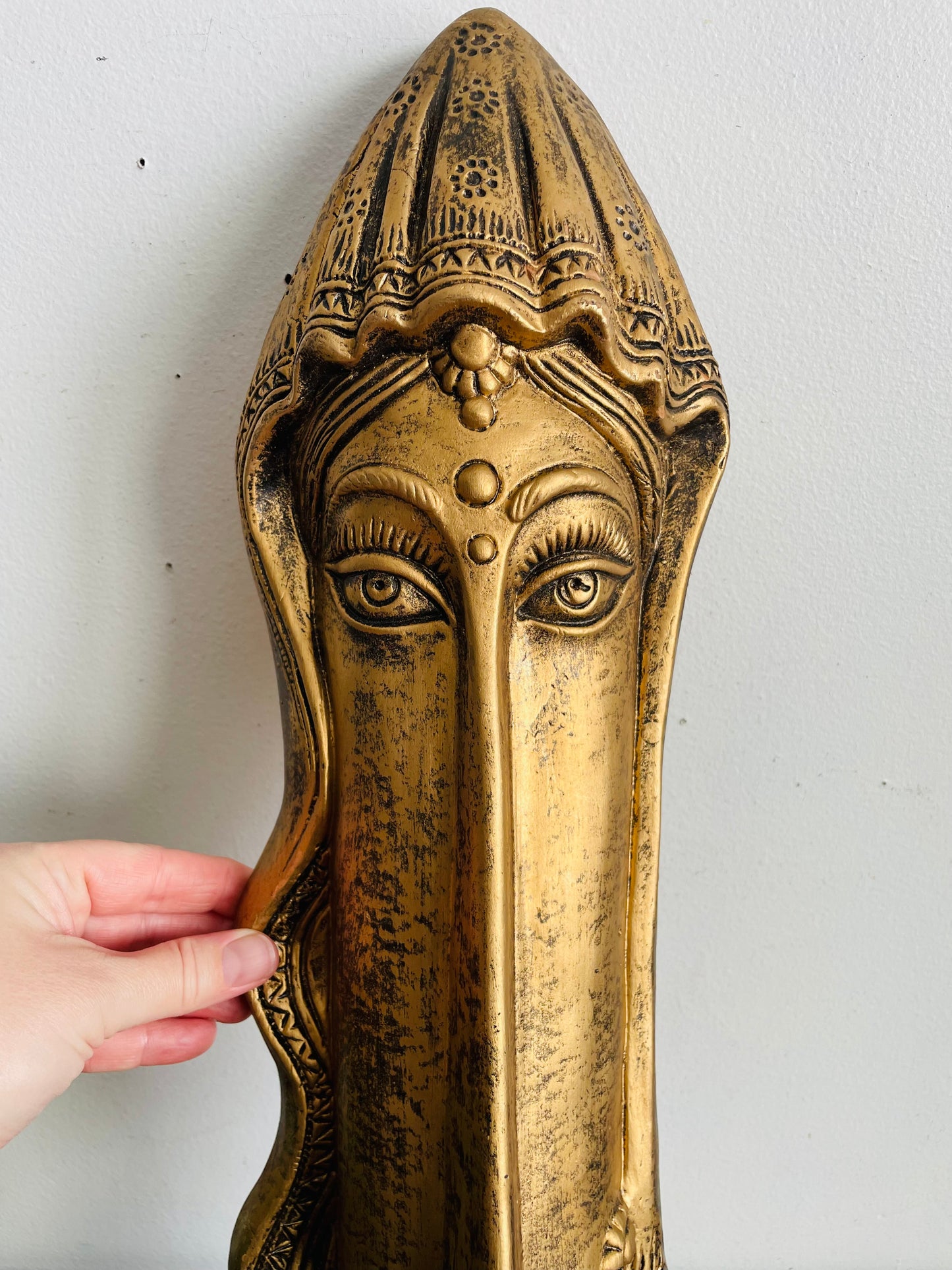 Vintage Stunning Long & Narrow Terracotta Clay Painted Gold Wall Hanging Face Sculpture - No Shipping
