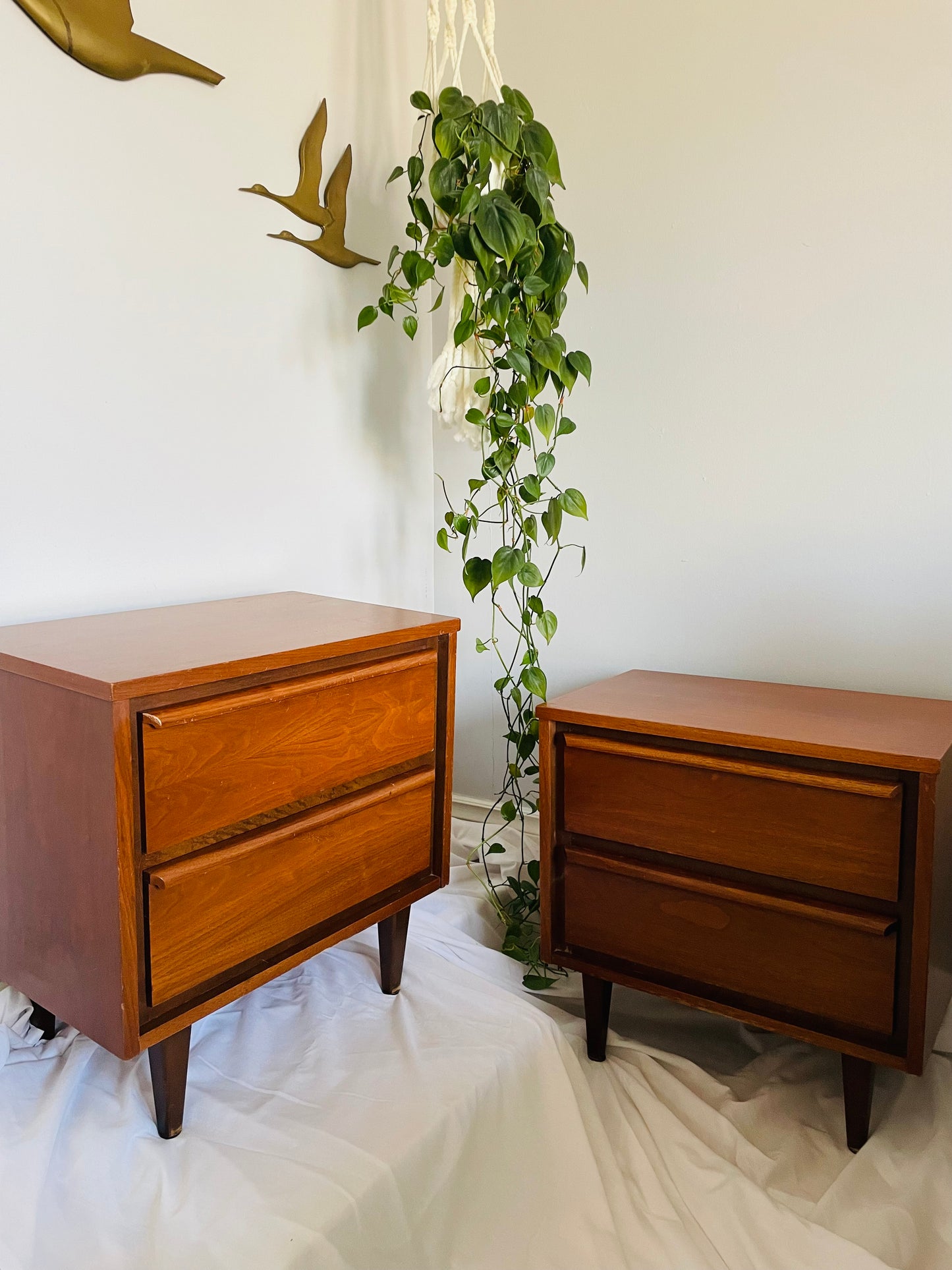 Mid-Century Modern Walnut Wood Nightstand Tables - Set of 2 - Stamped September 1966 - PICK-UP ONLY