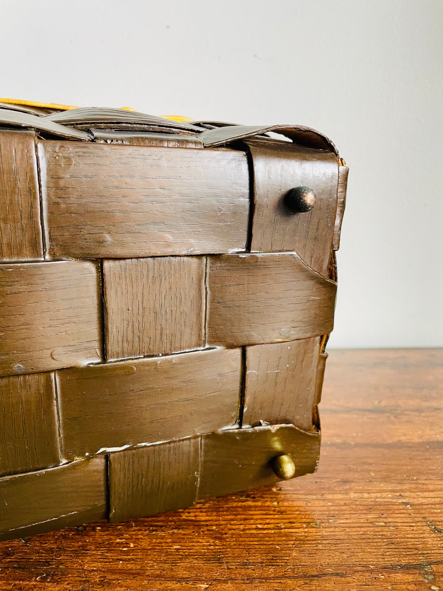 Vintage 1972 Wood Woven Decoupage Basket Purse or Storage Container with Botanical Fruit & Butterfly Design - Artist Signed - Angie 9/72
