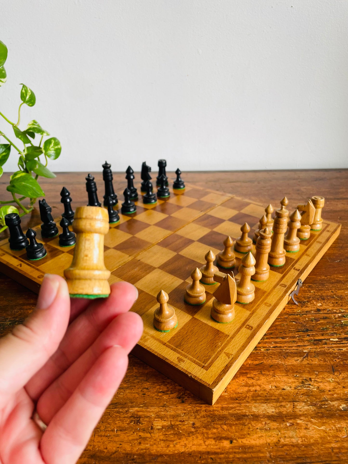 Vintage Hinged Folding Wood Chess Board Travel Case with Felt-Bottomed Wood Playing Pieces - Made in Poland