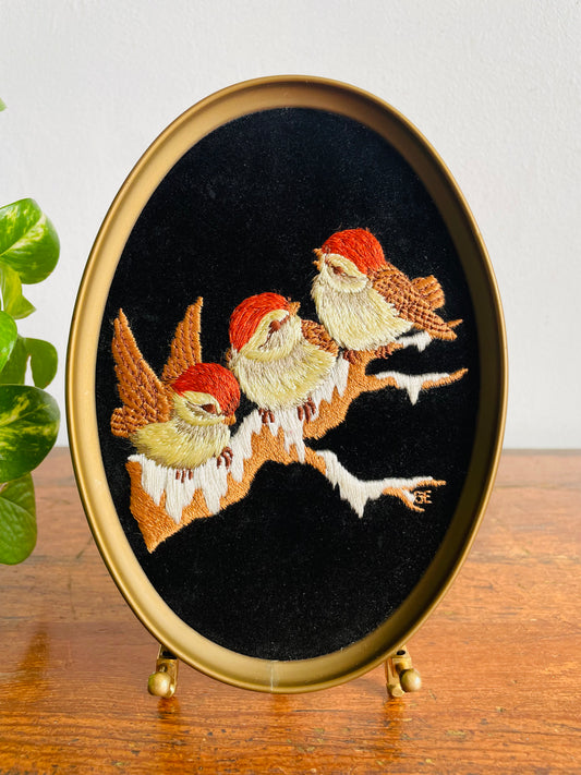 Vintage Ecstasy Giftware Oval Embroidery on Black Velvet Picture of Chickadee Birds in Winter