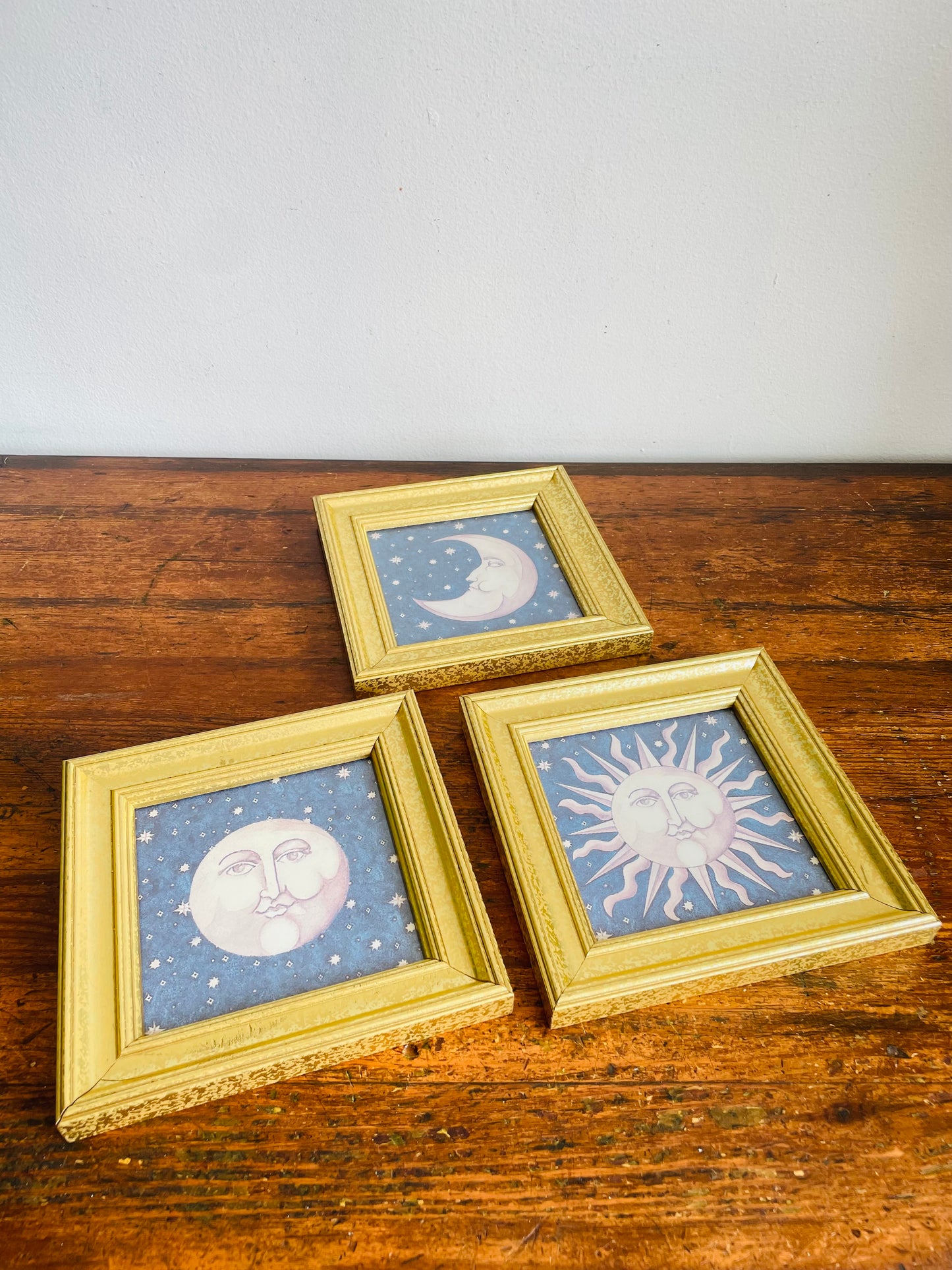Vintage 1990s Mary Beth Zeitz Celestial Sun, Crescent Moon & Full Moon Print Pictures in Gold Frames - Set of 3 - Y2K Astrology Whimsigoth Decor