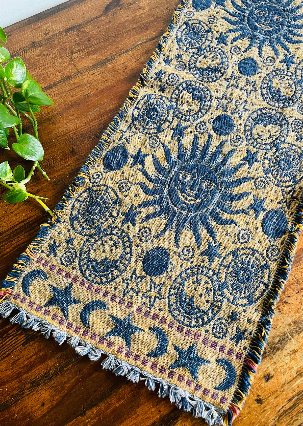 Vintage Blue & Yellow Reversible Celestial Tapestry Fabric Fringed 2.88 Feet Table Runner with Sun, Moon & Star Design - Whimsigoth Decor