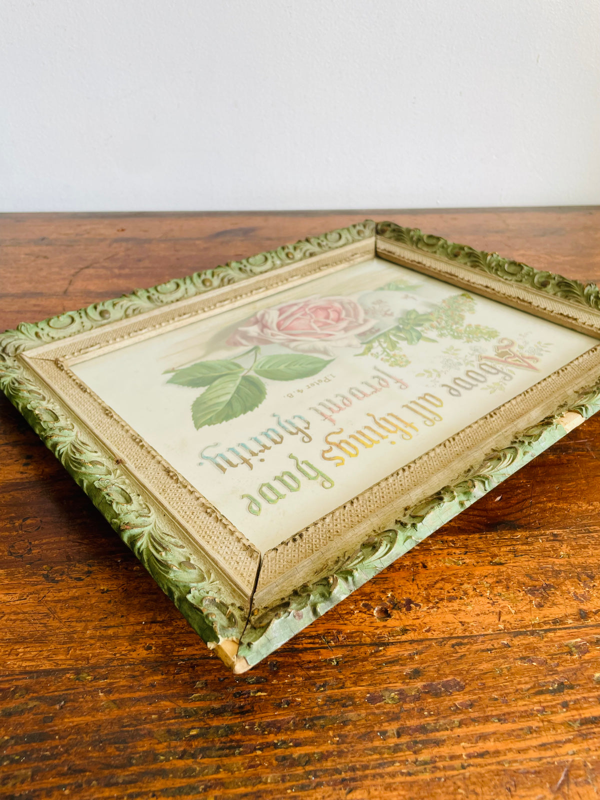 Antique 1891 Botanical Pink Rose Print Picture with Bible Verse I Peter 4.8 - Above All Things Have Fervent Charity - Ornate Wood Frame - 135 Years Old!