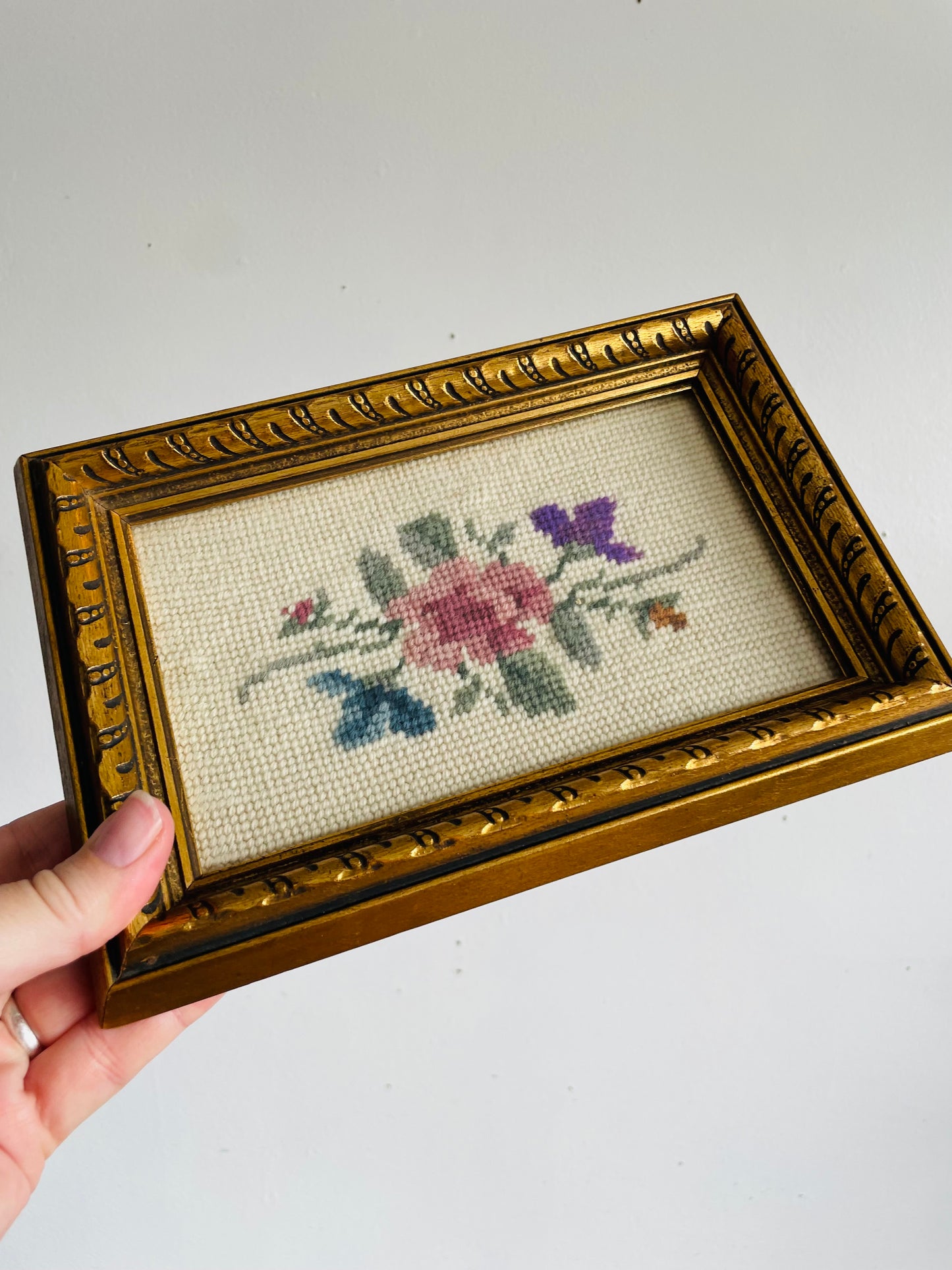 Vintage 1932 Floral Needlepoint Embroidery Picture in Gold Frame - Made by Babs in Regina Saskatchewan