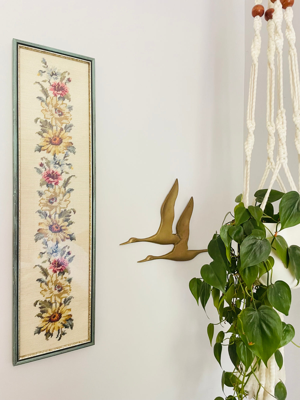 Vintage 2.5 Feet Long Needlepoint Embroidery Picture of Flowers - No Shipping
