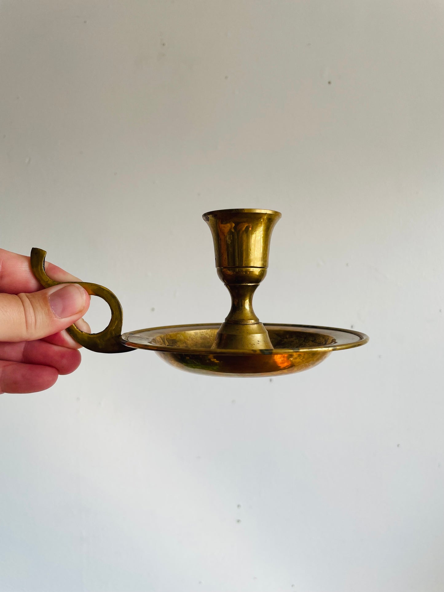 Vintage Solid Brass Chamberstick Candle Holder with Swoop Handle