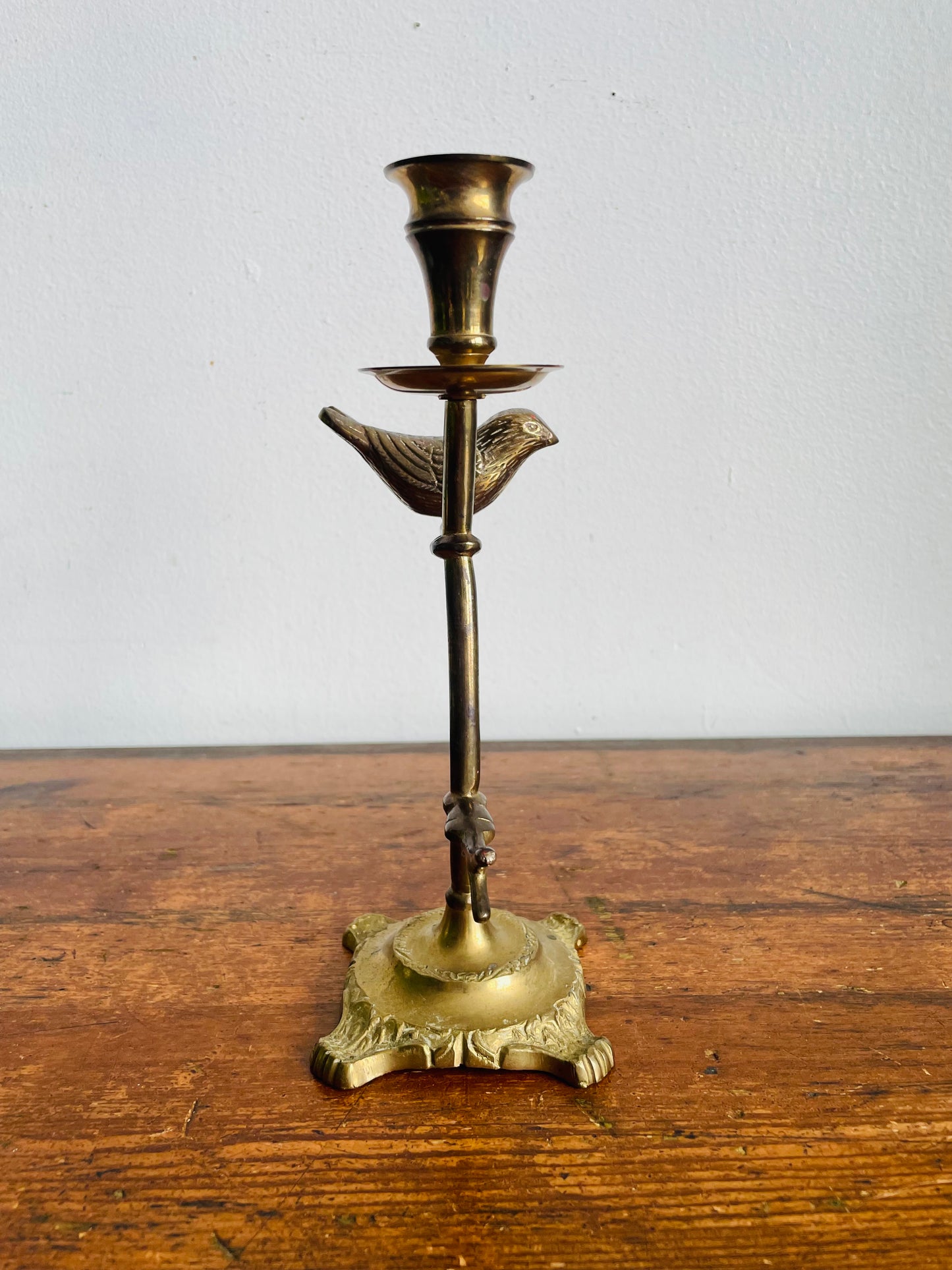 Vintage Solid & Heavy Brass Candle Holder with Branches & Perched Bird on Ornate Footed Base