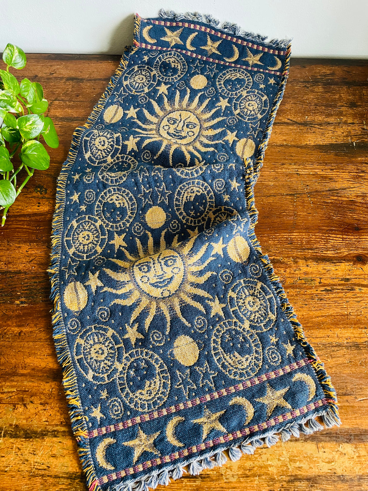 Vintage Blue & Yellow Reversible Celestial Tapestry Fabric Fringed 2.88 Feet Table Runner with Sun, Moon & Star Design - Whimsigoth Decor