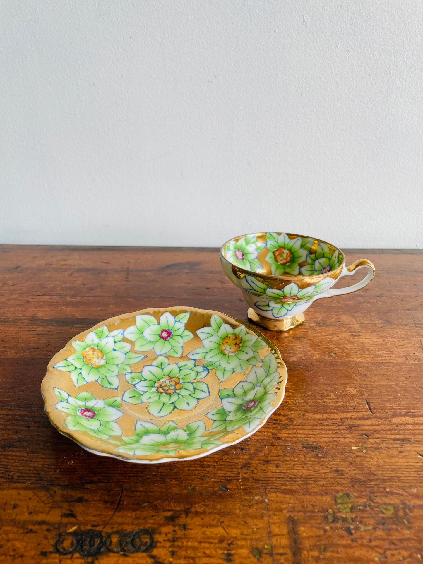 1940s Trimont China Hand Painted Gold & Flower Teacup & Saucer - Made in Occupied Japan