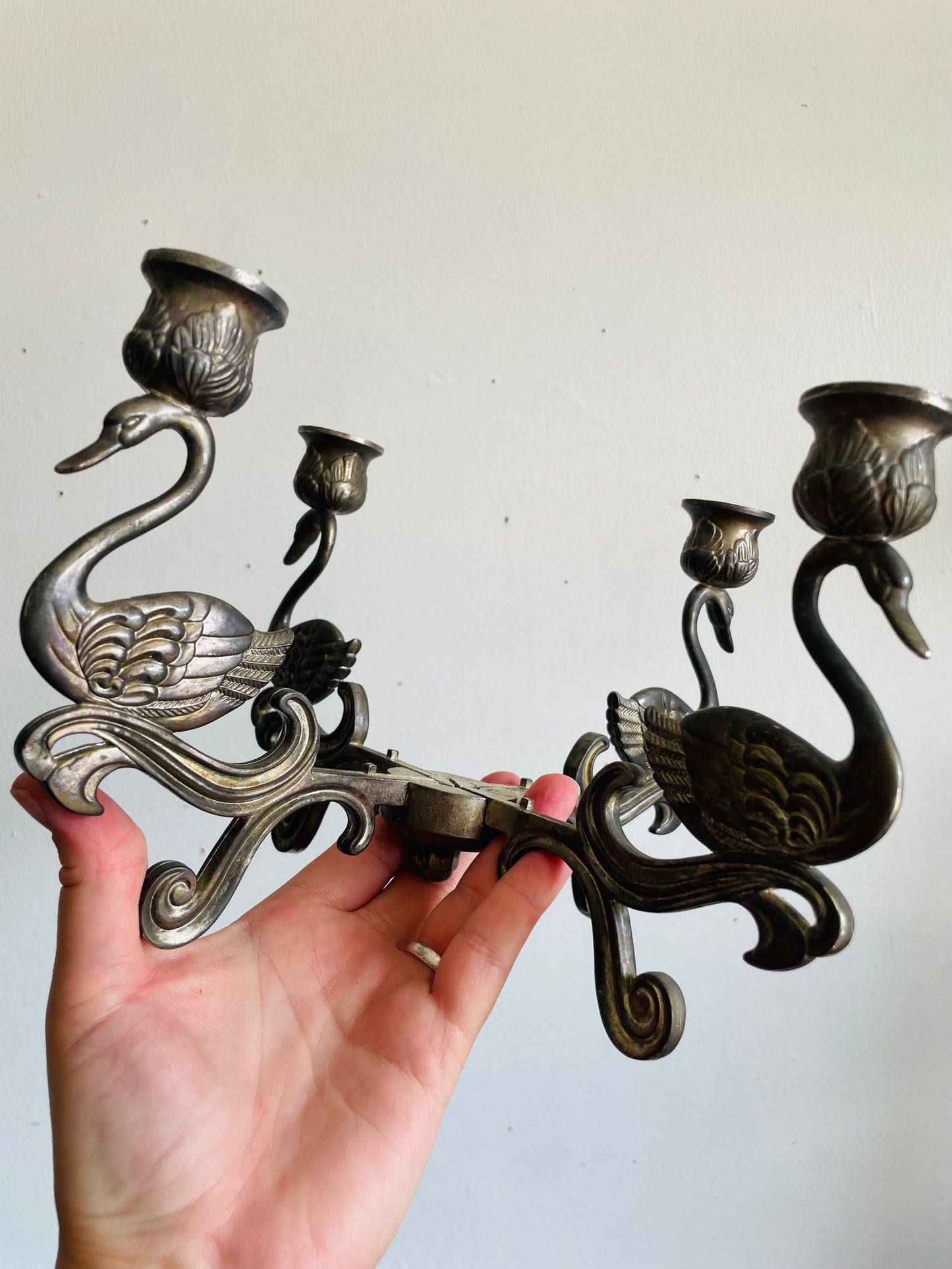 Vintage 1980s Art Deco Style Swimming Swan Birds Silver Plate Candelabra - 4 Point Candle Holder with Centrepiece Bowl Space