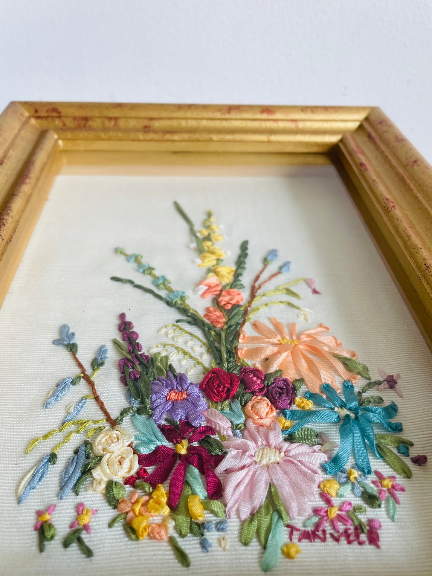 Vintage Needlepoint Crewel Silk Ribbon Embroidery Picture of Flowers in Gold Shadowbox Frame