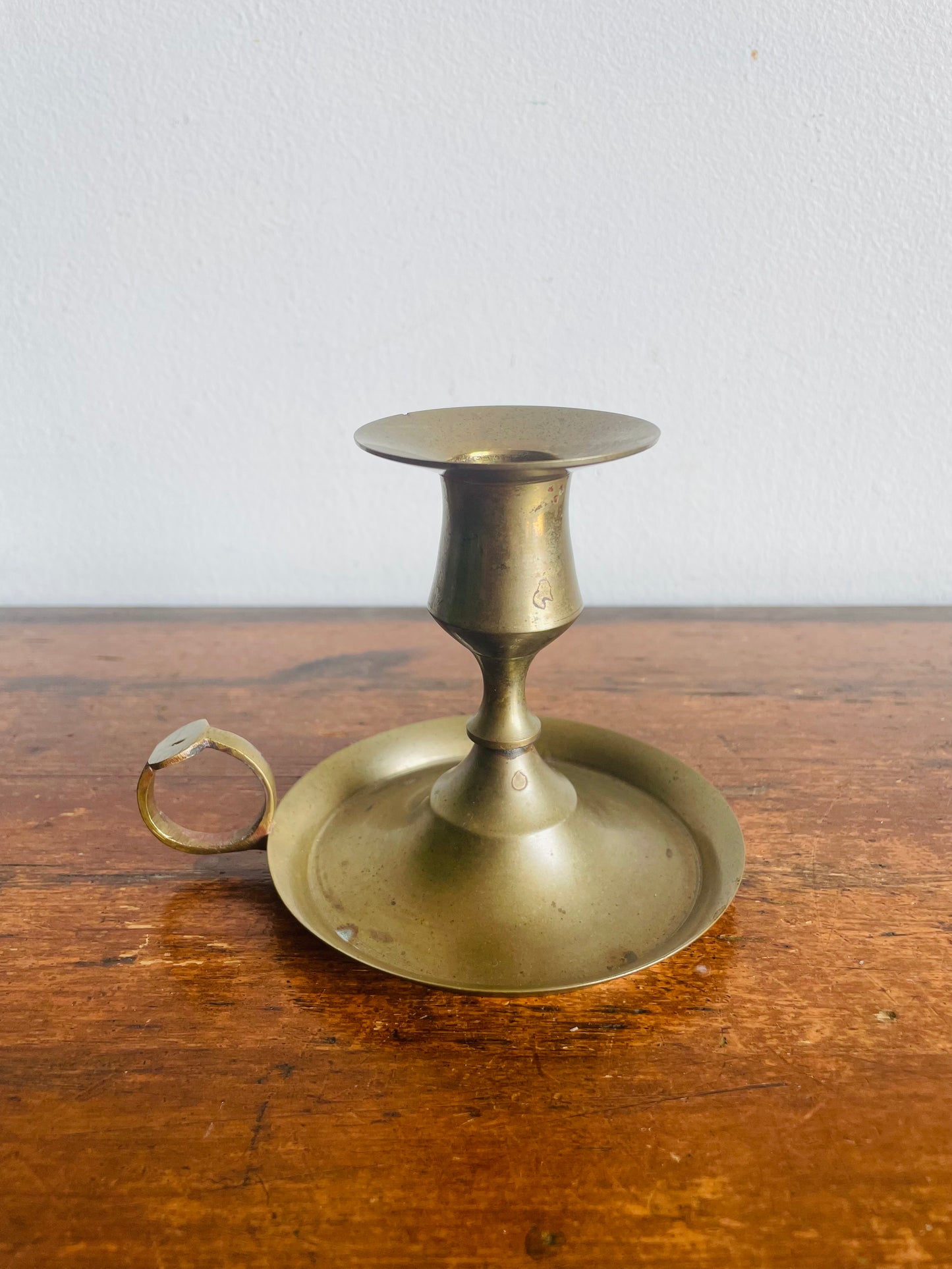 Vintage Brass Chamberstick Candle Holder with Muted Patina