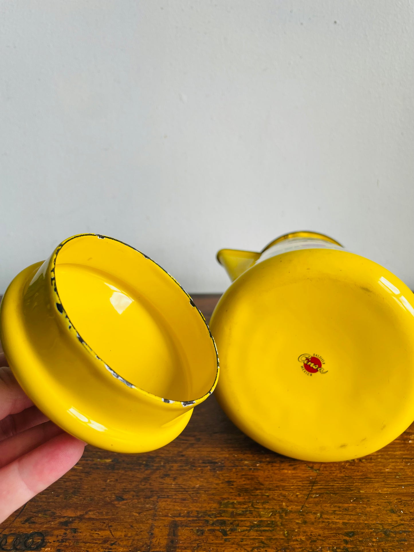 Vintage Bright Yellow Cinsa Enamel Coffee Pot Carafe Pitcher with Colourful Folk Art Bird & Flower Design - Made in Saltillo Mexico