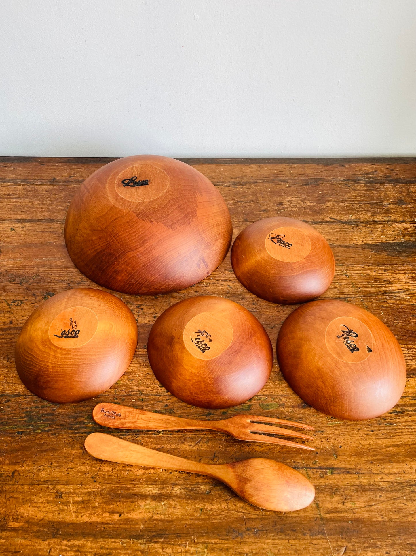 Vintage Brand New in Box Baribocraft / Lesko Baribo Maid Wooden Salad Serving Bowl Set with Utensils - Made in Quebec, Canada - Set of 7 Pieces