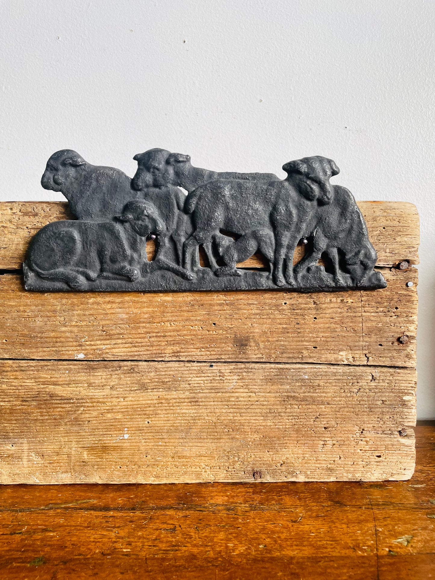Vintage Very Sturdy & Heavy Cast Iron Wall Relief Plaque Picture - Herd of Sheep in Black Silhouette