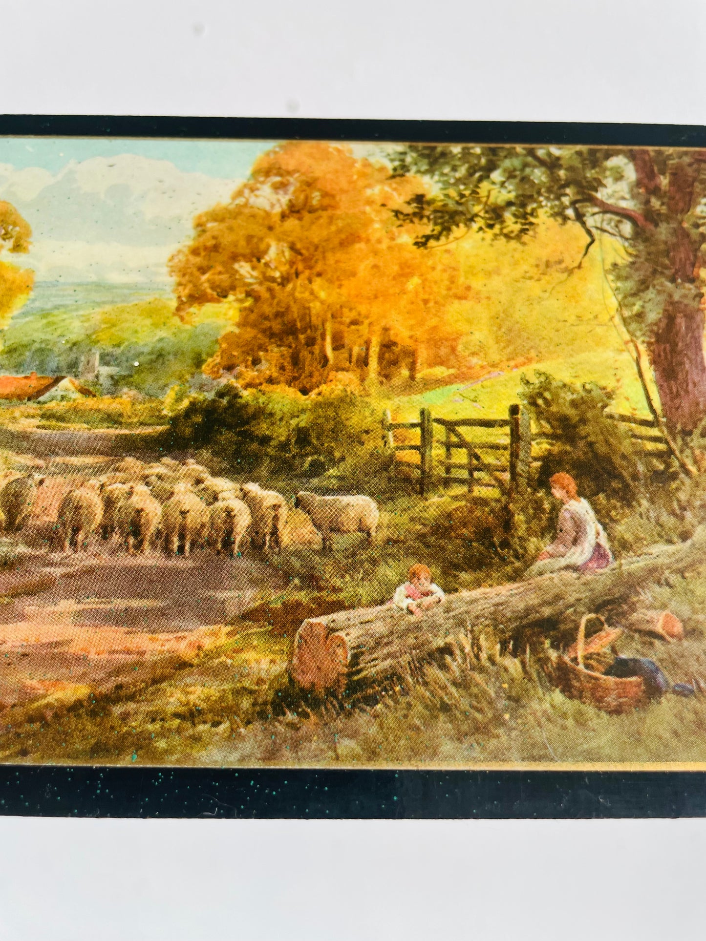 Vintage Print Picture on Wood Plaque with Country Road, Farm, Sheep, Mother & Child, Picnic Scene