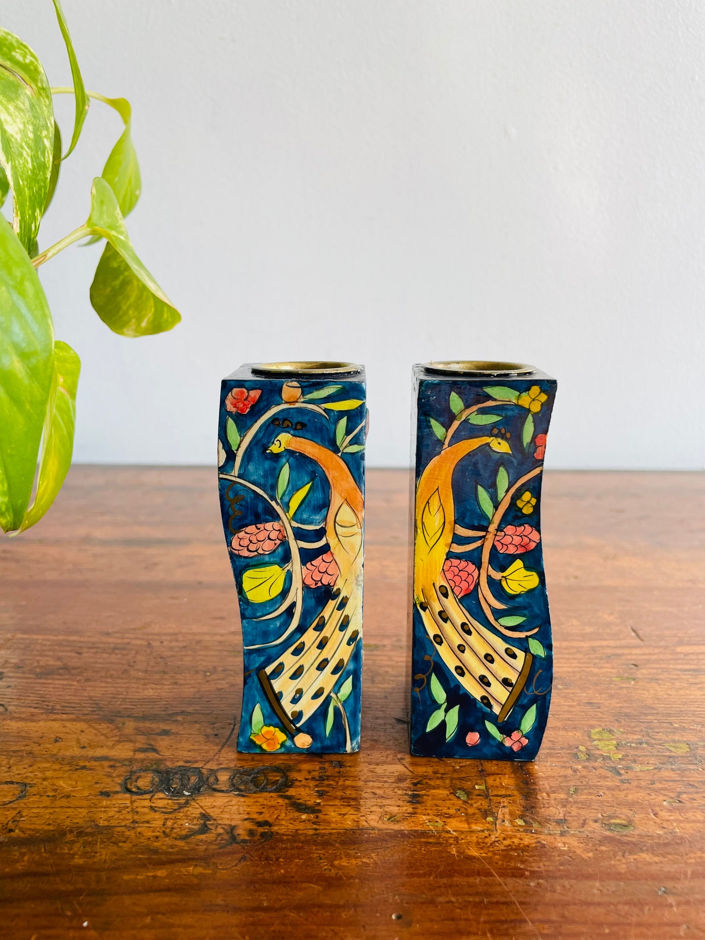 Israeli Lacquered Wood Wavy Candle Holders with Hand Painted Peacock, Lion, Deer, Bird & Flower Design - Yair Emanuel Shabbat Candles