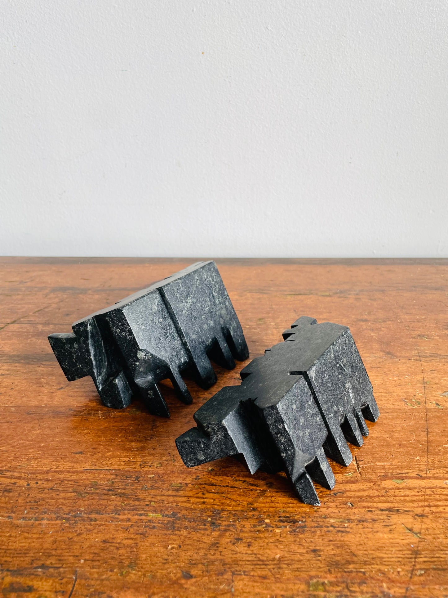 Vintage Carved Soapstone Bookends with Futuristic Abstract Design - Set of 2