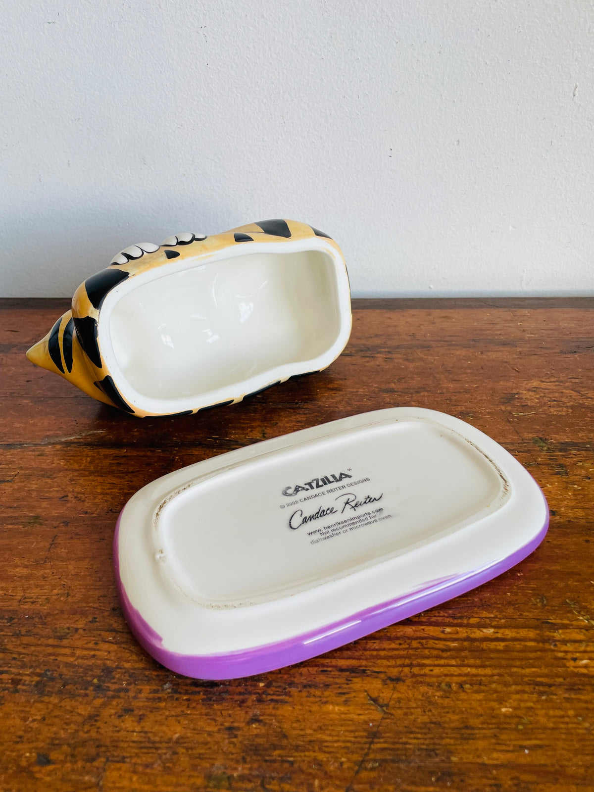 Vintage 2002 Bright & Fun Catzilla Striped Orange Cat & Mouse Butter Dish - Candace Reiter Designs - Whimsical Home Decor