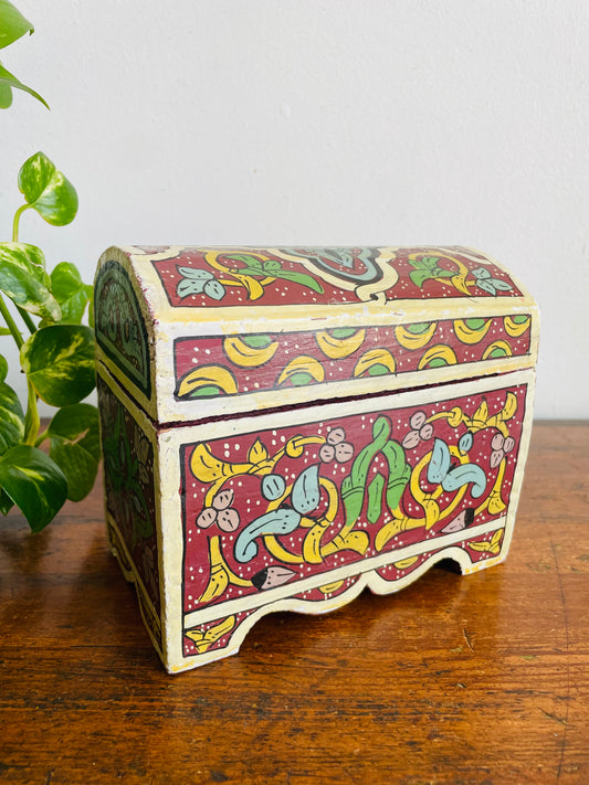 Vintage Moroccan Hand-Painted Wood Jewellery Trinket Treasure Chest Box with Hinged Lid & Colourful Bright Folk Art Design
