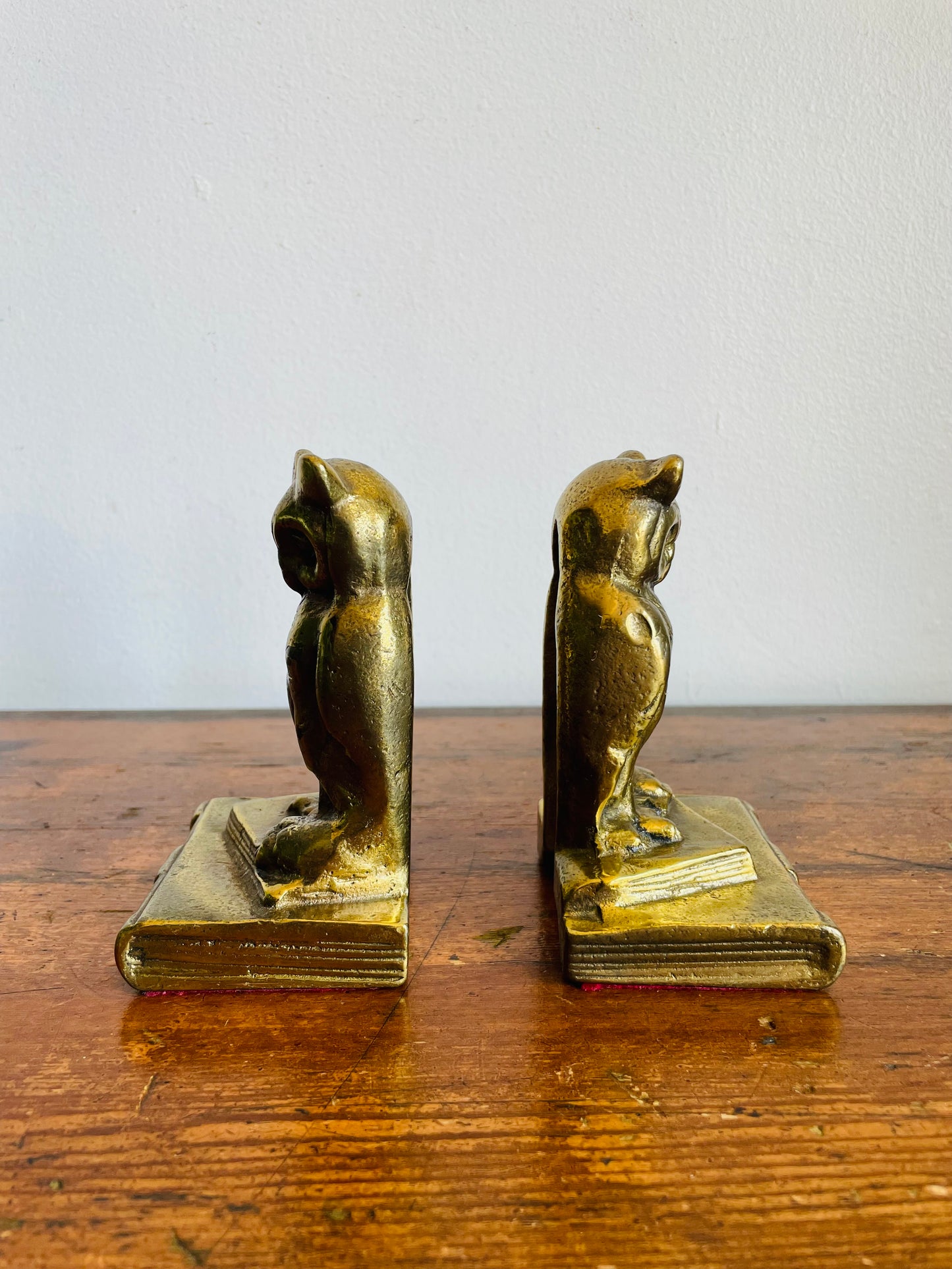 Vintage Solid & Heavy Brass Wise Owls on Stack of Books Bookends - Set of 2