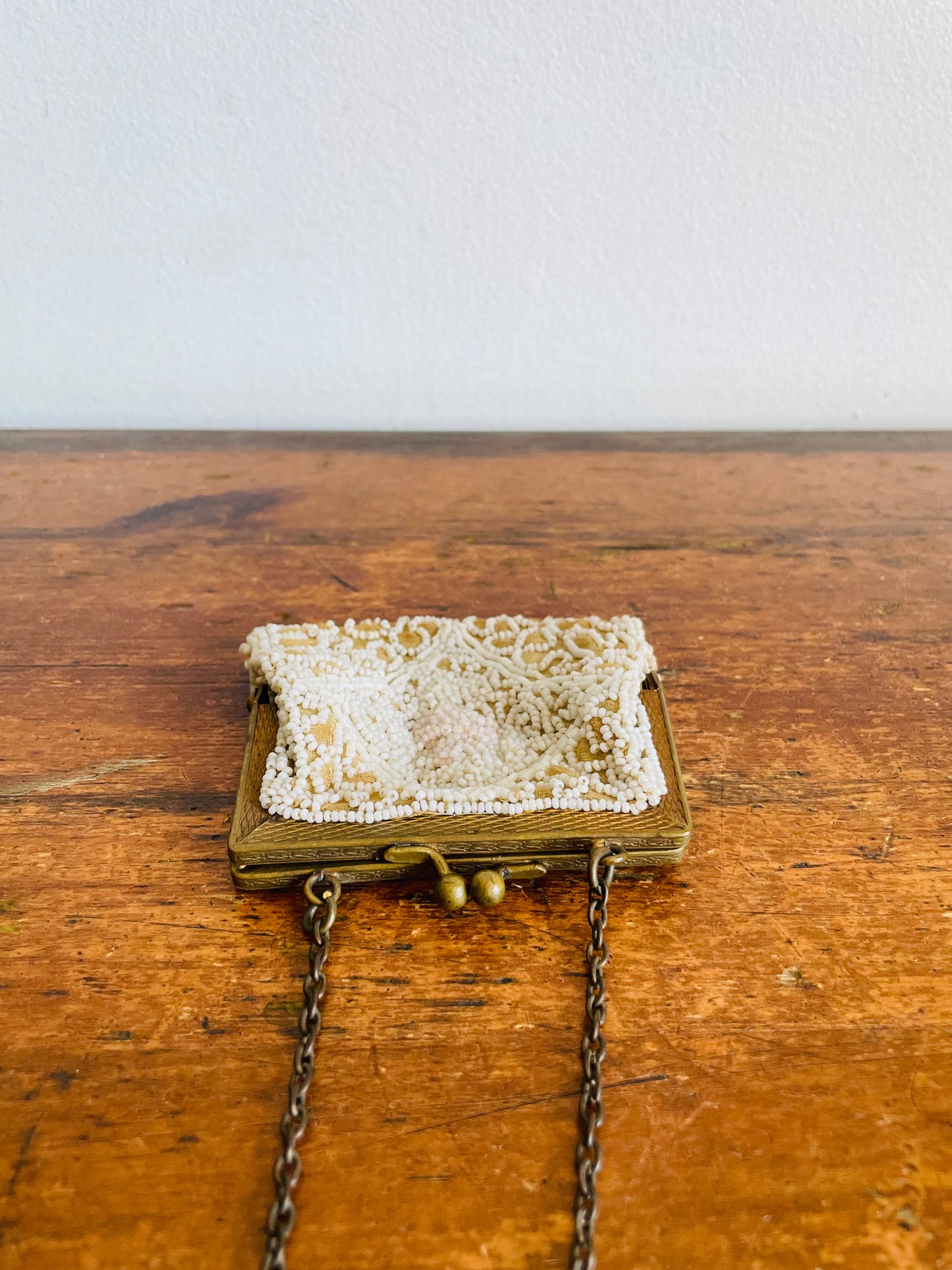 Antique Delicate & Dainty Hand Beaded Tiny Pouch Purse on Brass Chain