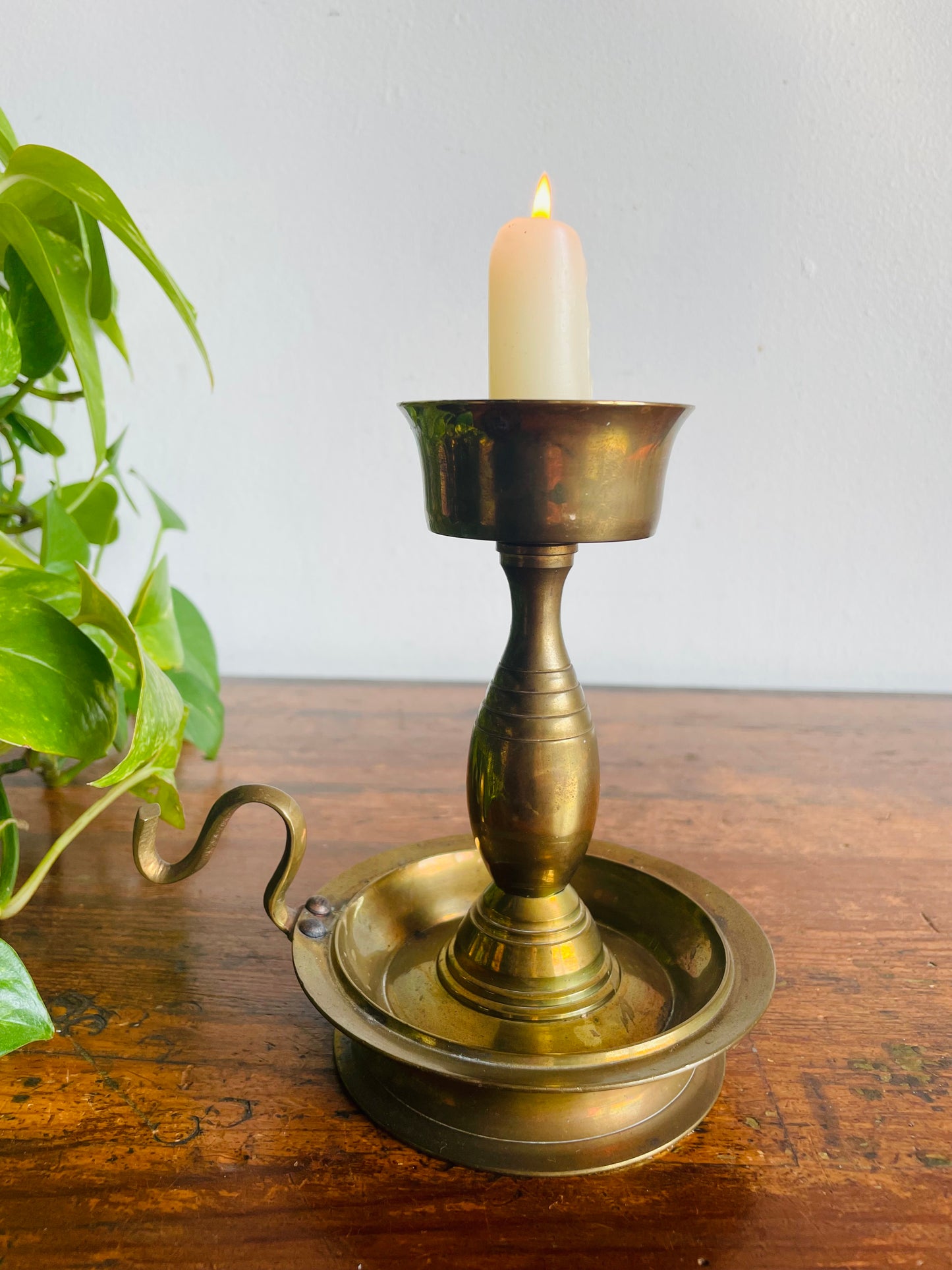Vintage H Solid Brass Handmade Chamberstick Candle Holder with Spike - Can Hold Thicker Tapers - Made in India