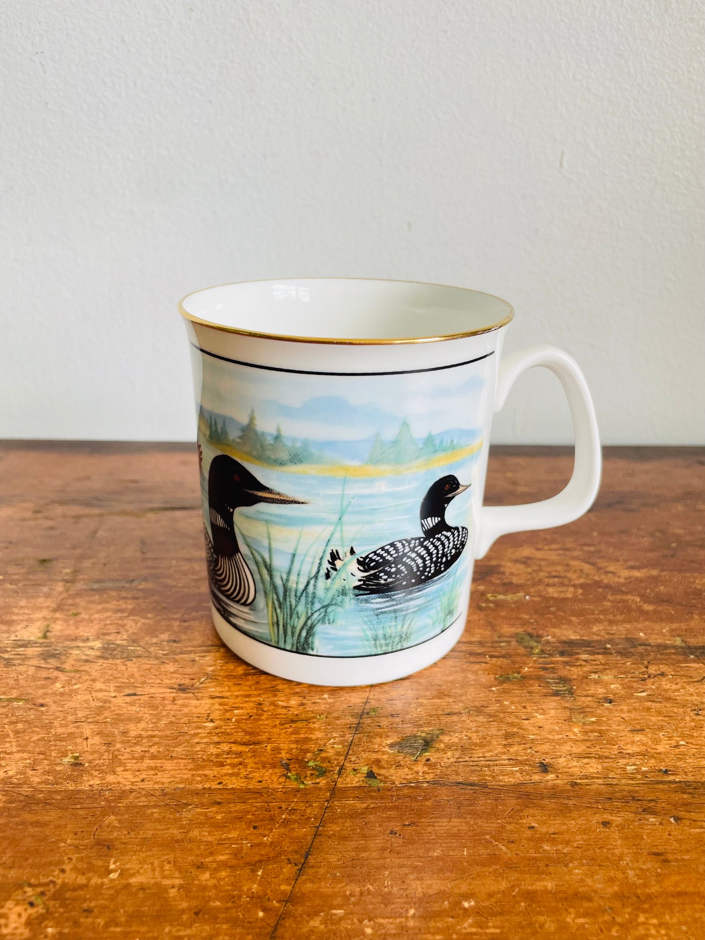 Vintage Mug With Loon Birds on Lake Graphic #1 - Sunrise Fine Bone China - Made in Canada
