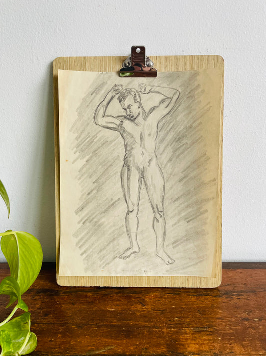 1950s Original Art Academic Study Pencil Sketch on Paper of Nude Man