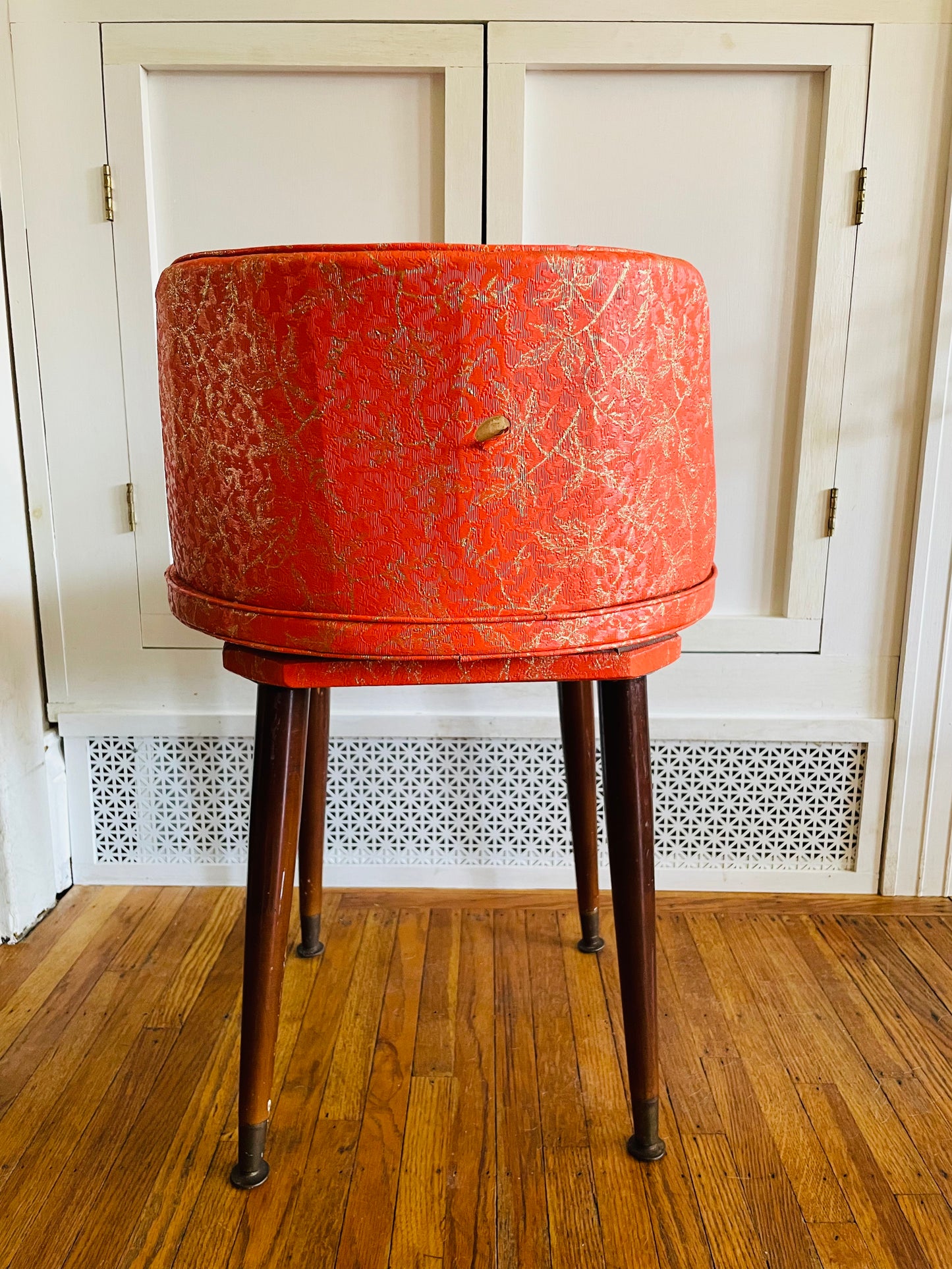 Mid-Century Modern Short Stool Chair with Orange Fabric & Gold Print - Swivels 360 Degrees!