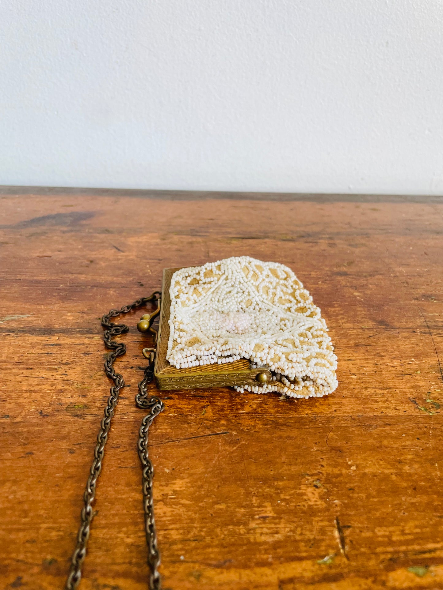Antique Delicate & Dainty Hand Beaded Tiny Pouch Purse on Brass Chain