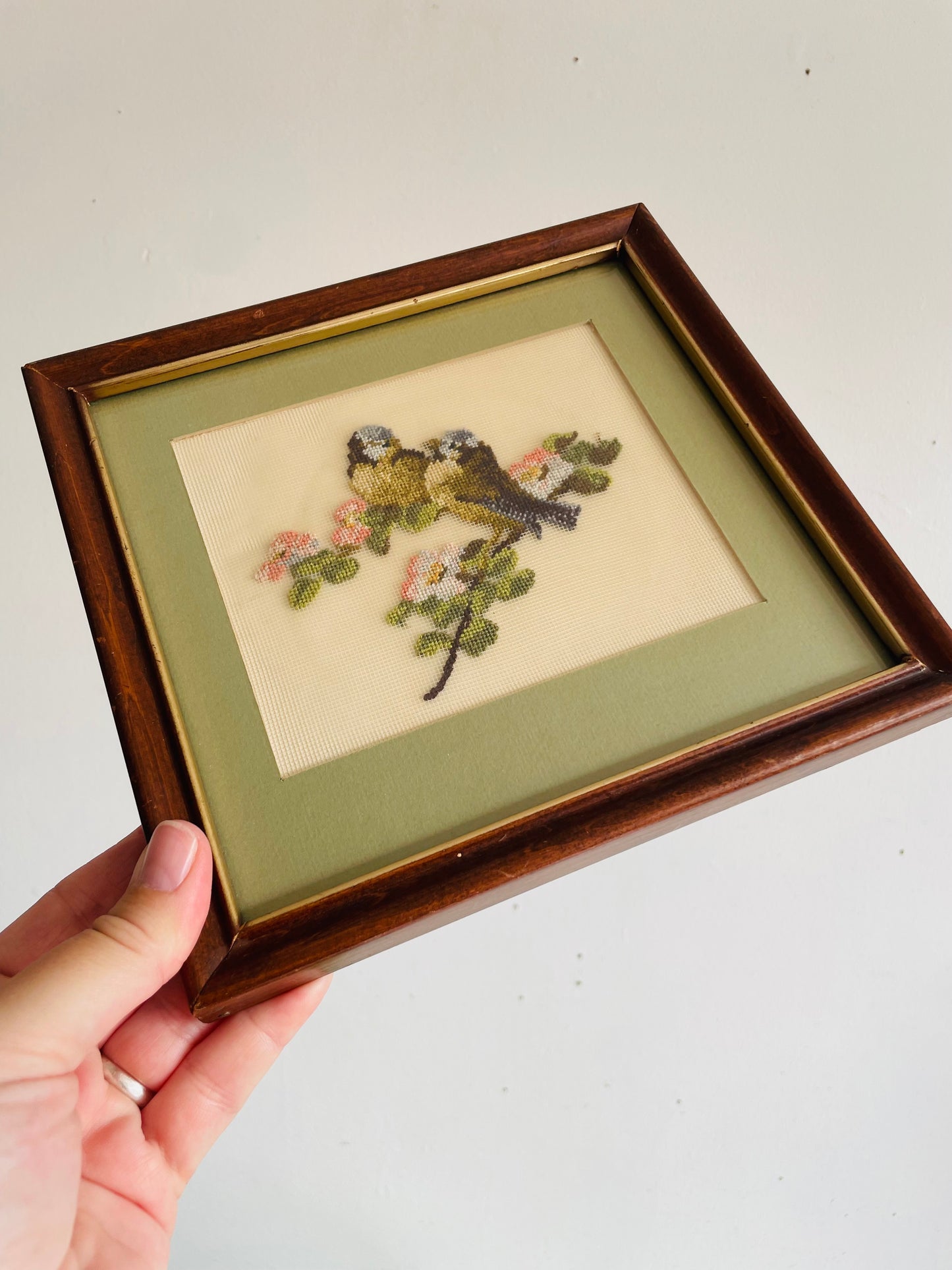 Vintage Petit Point Embroidery Picture of Two Birds on Branch with Flower Blossoms & Sage Green Mat