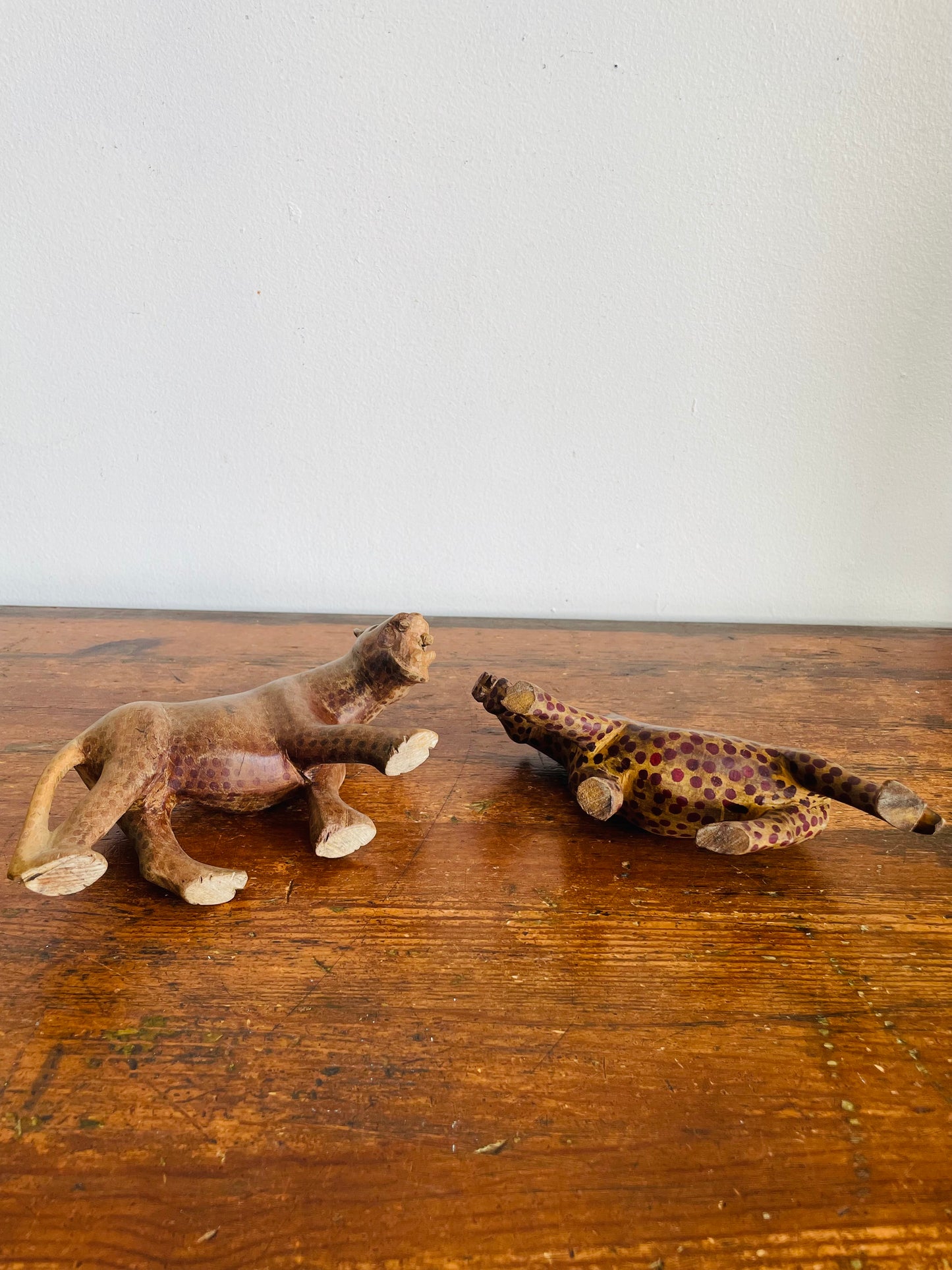 Vintage Hand Carved Wood Prowling Spotted Leopard Big Cats - Set of 2