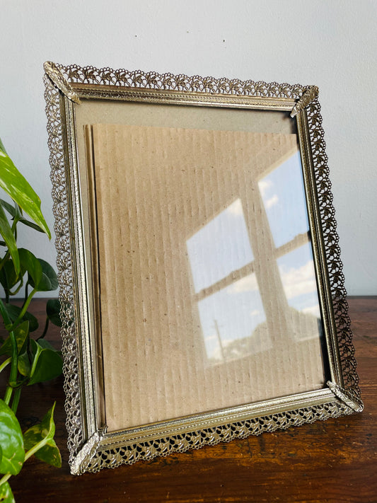 Vintage Brass Floral Filigree Picture Frame with Easel Prop or Wall Hook to Hang Vertically - 7.5" x 9.5" Photo Size