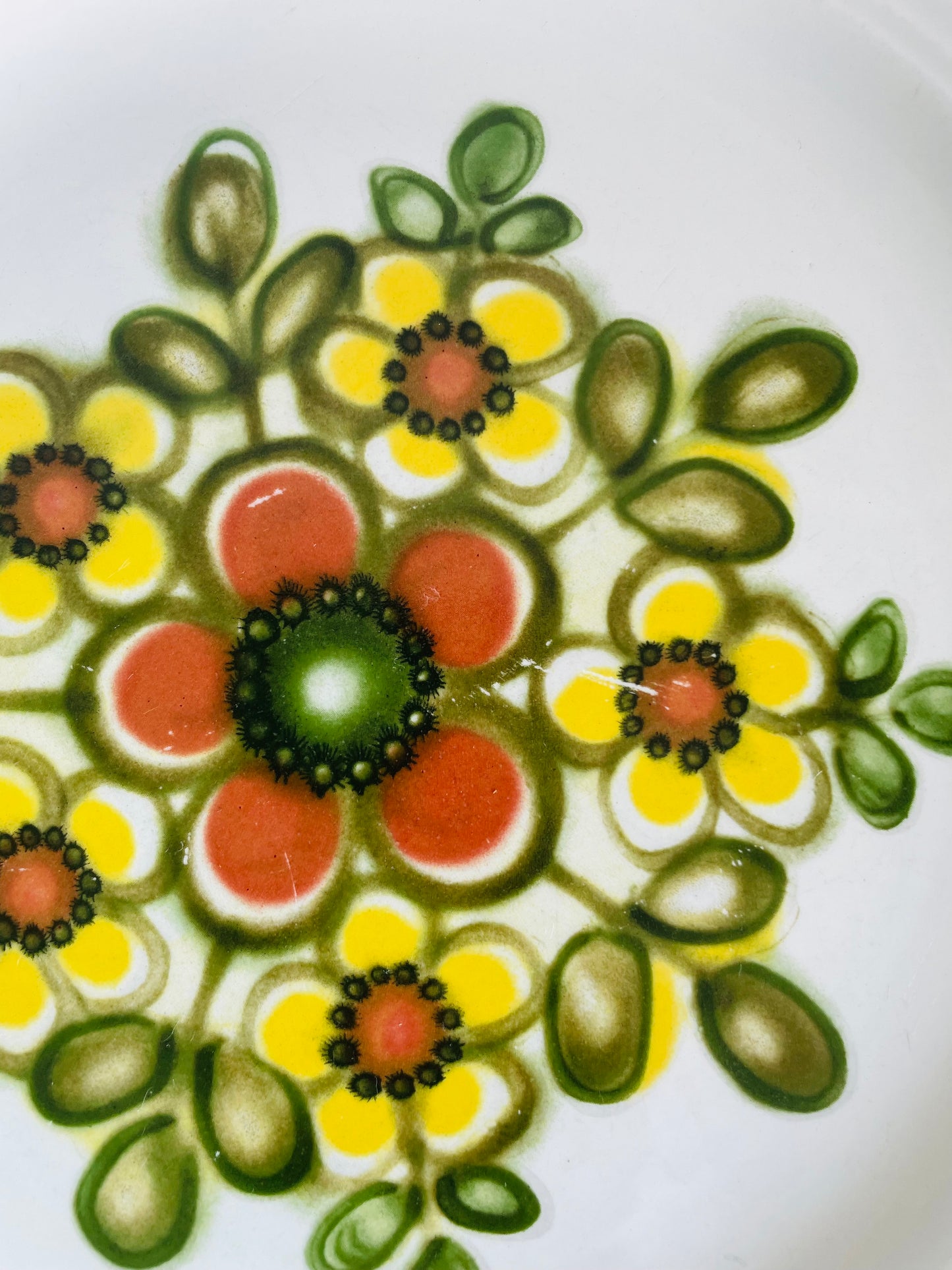 Vintage 10" Dinner Plates with Groovy Orange, Yellow & Green Flower Power Pattern - Set of 8 -  Made in England