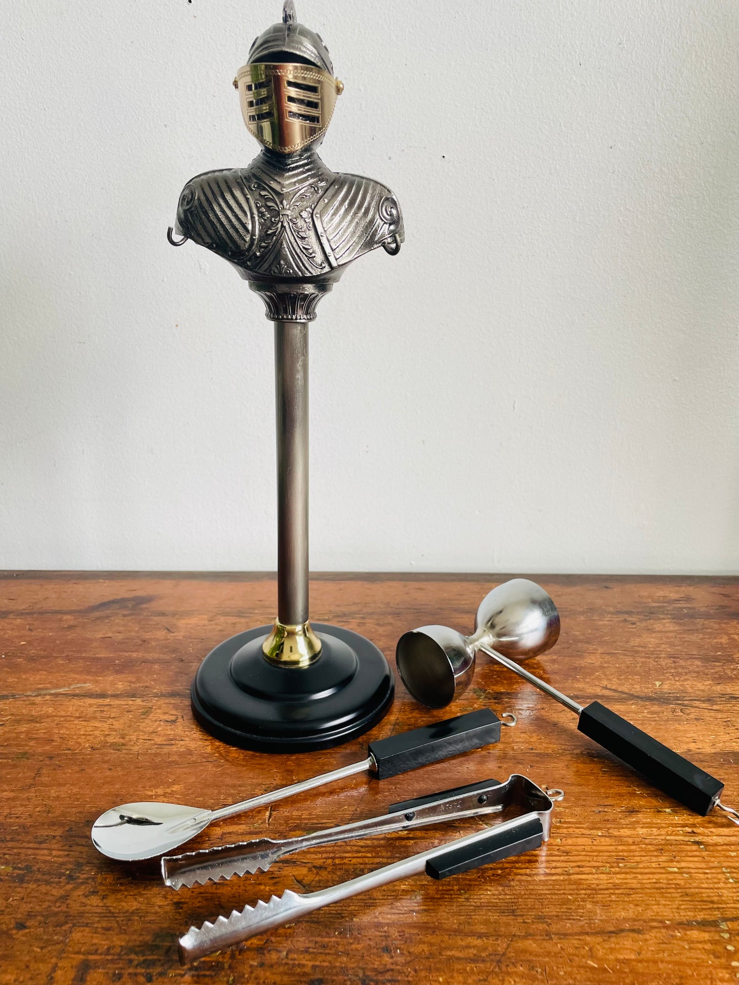 Vintage Knight in Armour Barware Set - Includes 3 Utensils - Tongs, Spoon & Measuring Jigger - Made in Japan