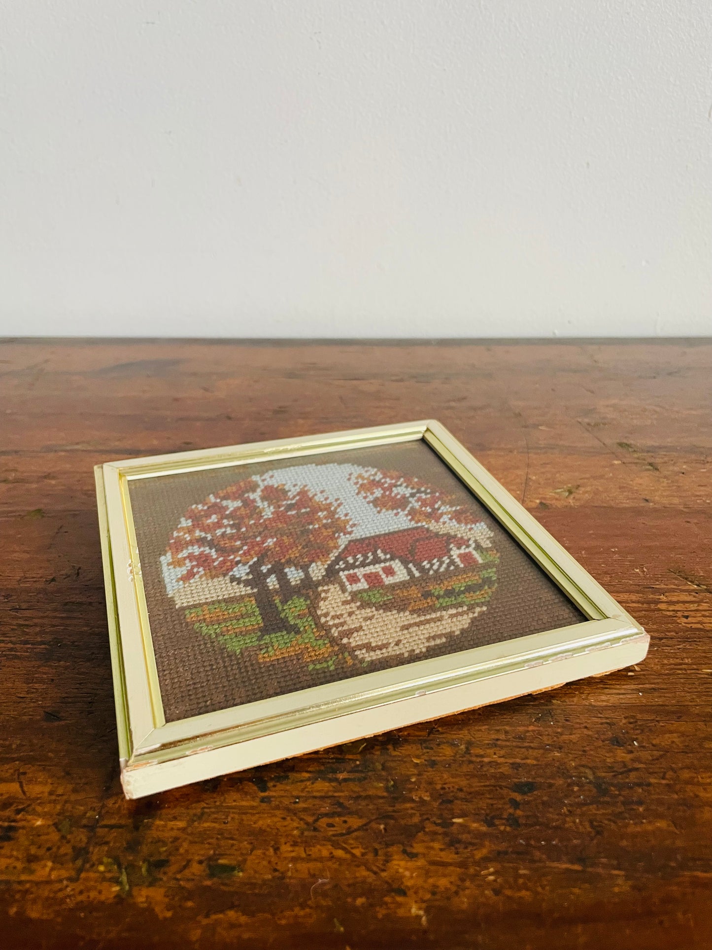 Vintage Mini Needlepoint Embroidery Picture in Square Frame - Fall Season - Red Roof House on Road with Trees of Changing Leaves