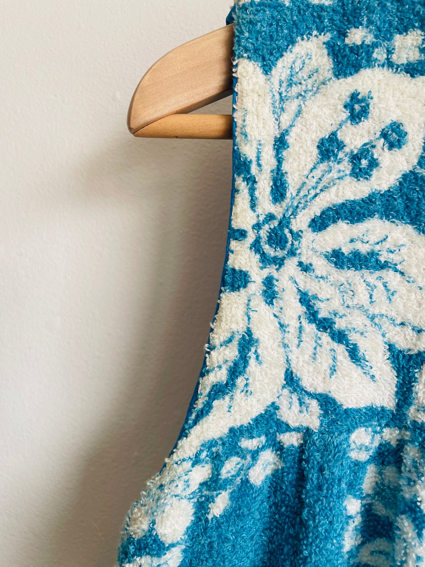 Zippered Terry Cloth Towel Dress or Beach Cover-Up with Pockets & Blue & White Tropical Hibiscus Flower Design