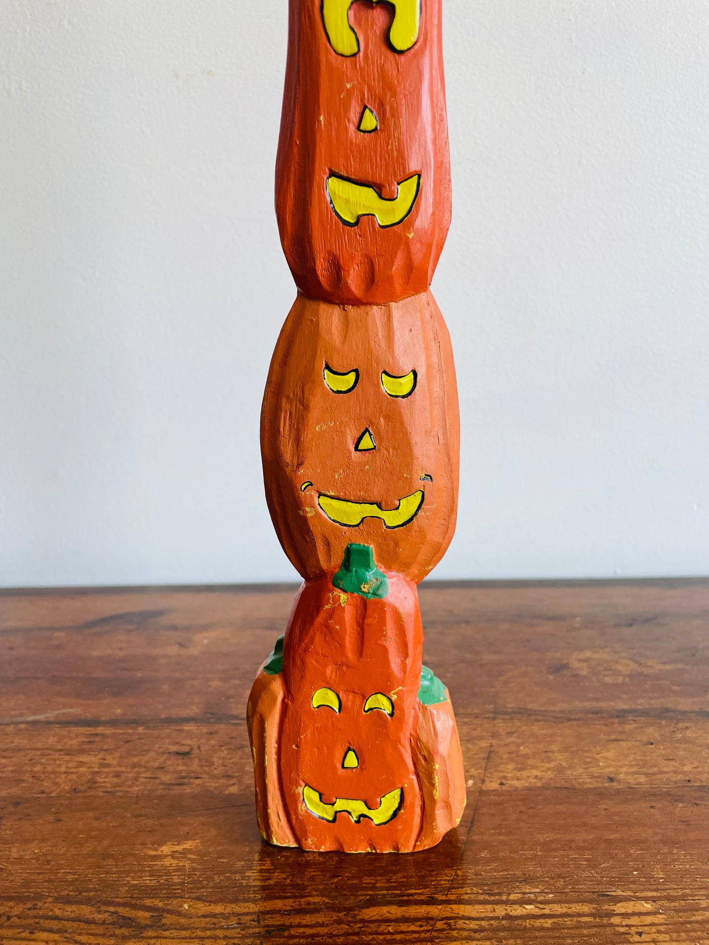 Carved Wooden Totem Pole of Pumpkin Jack-o'-Lanterns