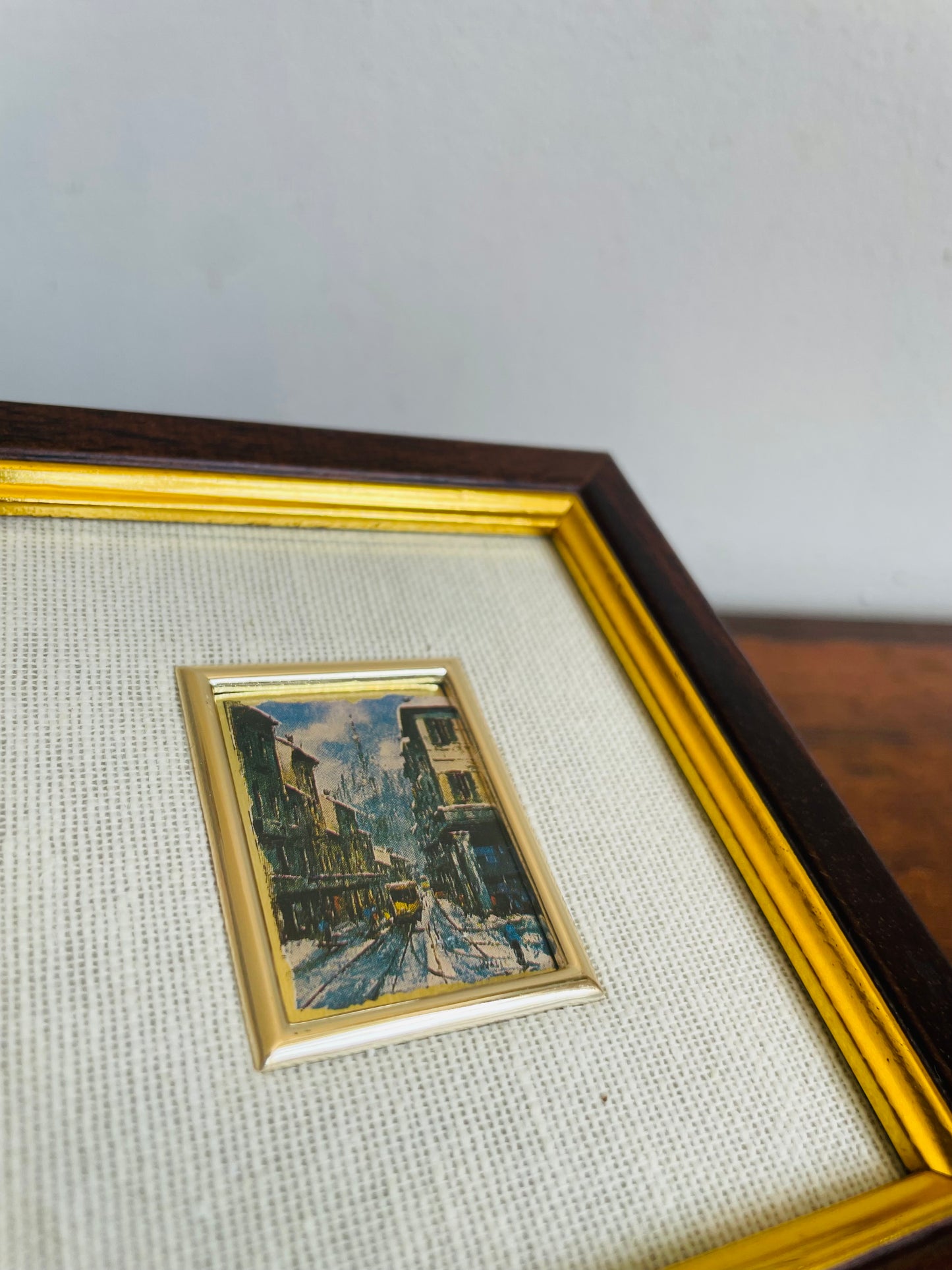 Vintage Italian Hand-Pressed Lithography on Gold Leaf Picture with European City Scene