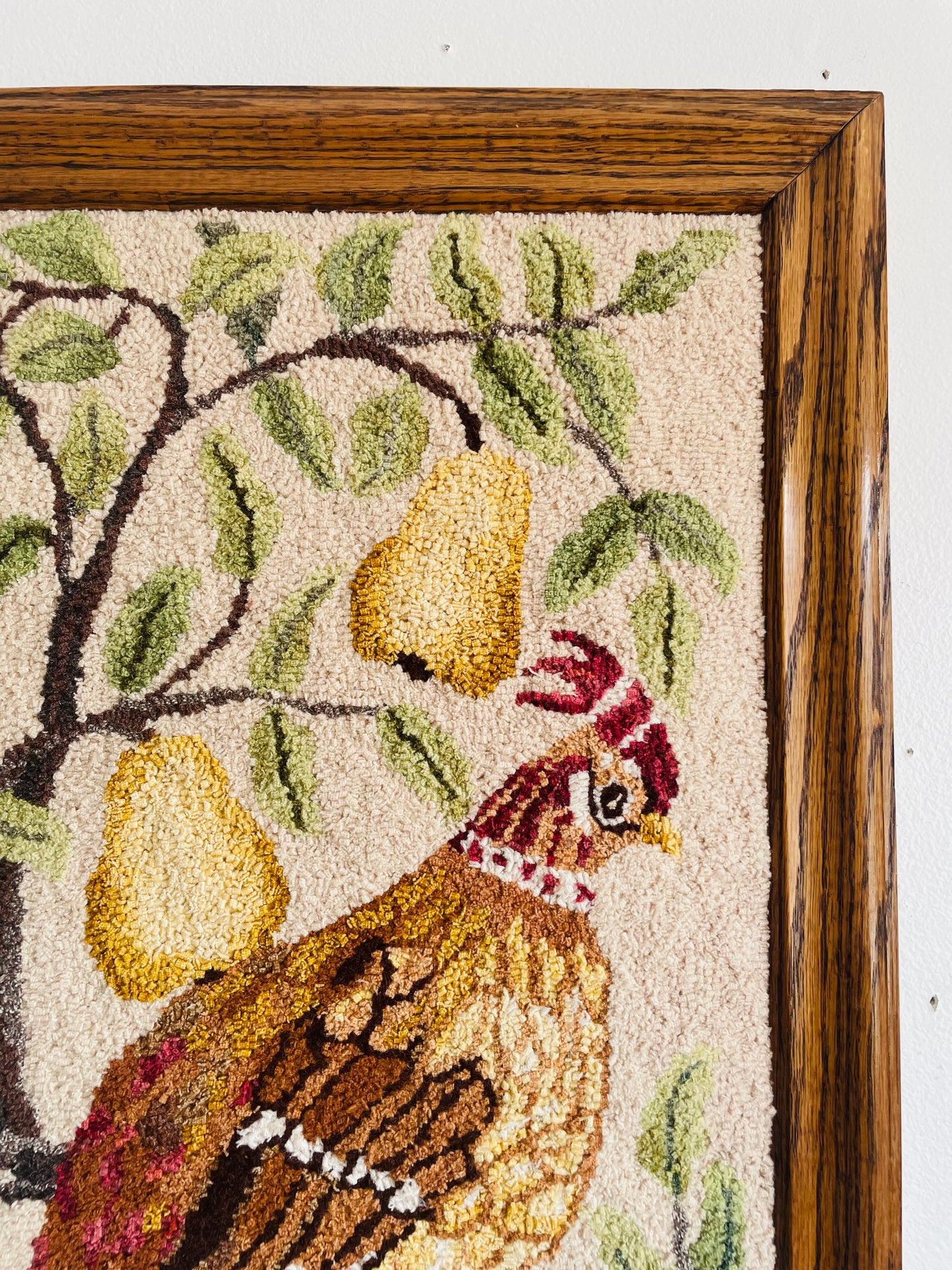 Vintage Stunning Partridge Bird in a Pear Tree Handmade Rug Hooking in Solid Wood Frame - No Shipping