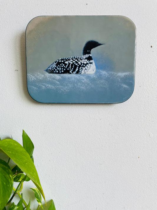 Vintage Hand Enamel on Copper Wall Plaque Picture - Signed by Canadian Artist B.E. Eren - Loon Bird on Lake - Made in Canada