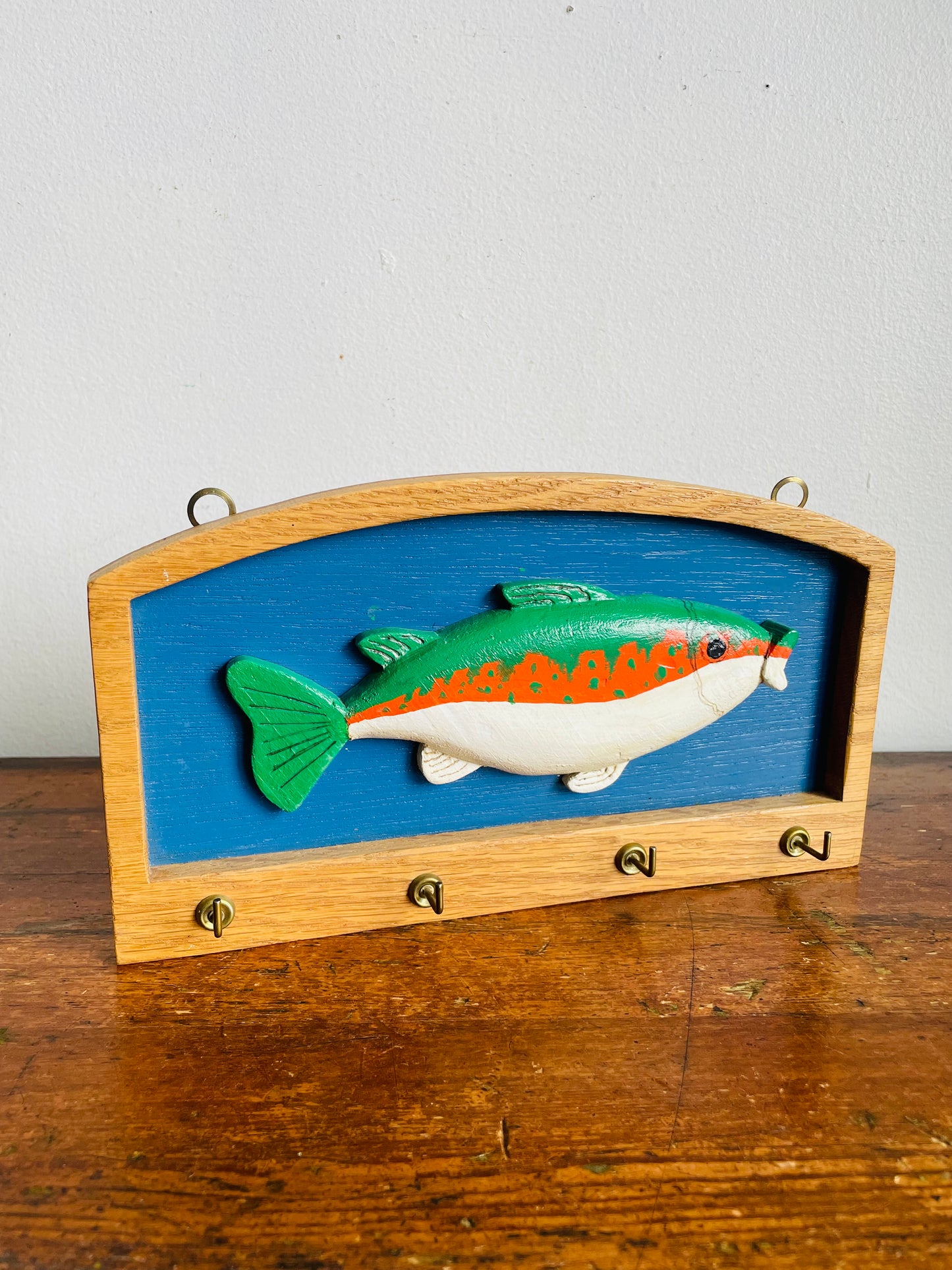 Vintage Handmade Wood Key Hook Rack with 4 Hooks - Brightly Coloured Rainbow Trout Fish Design - Artist Signed (2000)
