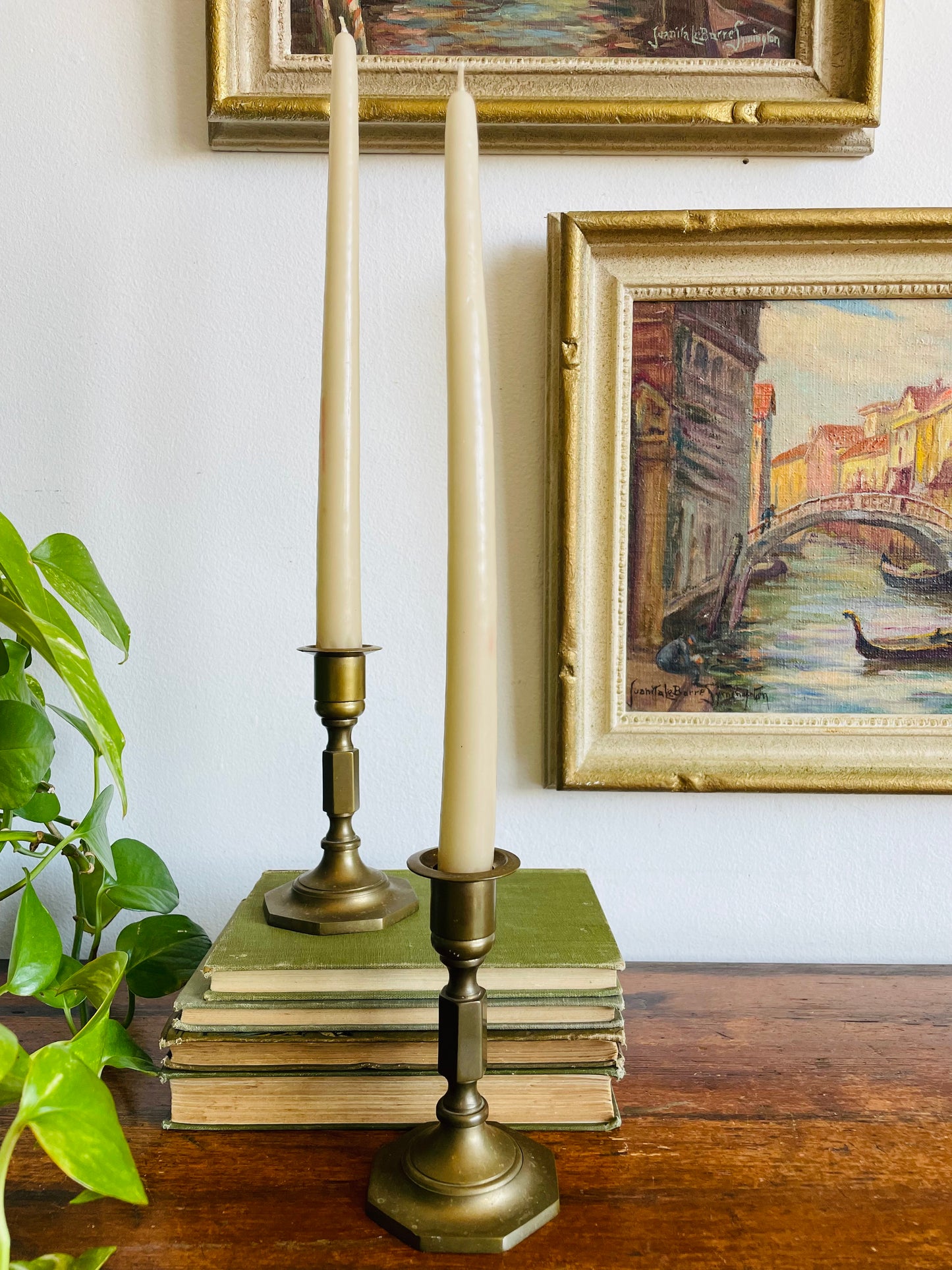 Vintage Solid Brass Candle Holders with Octagonal Base - Set of 2