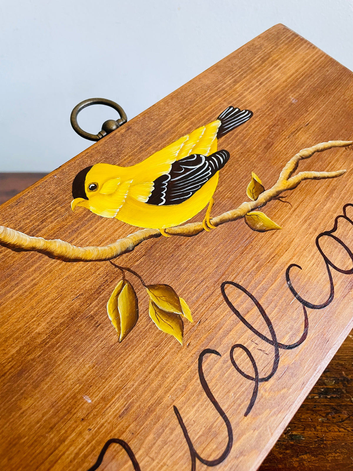 Vintage Wood Welcome Sign with Hand Painted Yellow Bird Design