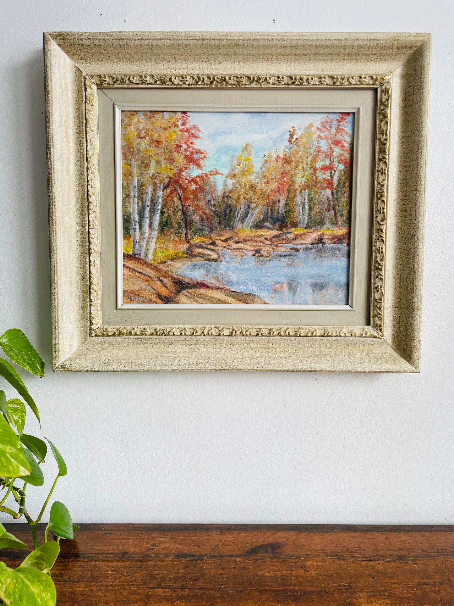 Vintage Original Art Painting Picture in Gold & White Wood Frame - Hudson Point on Lake Muskoka - Artist Signed