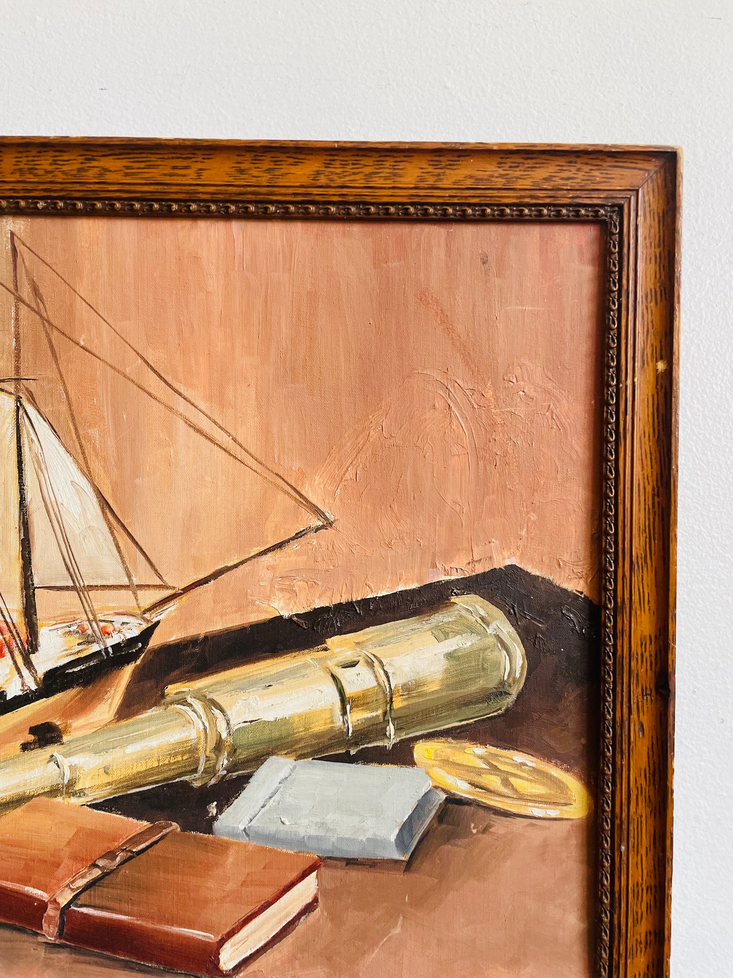 Vintage 1961 Original Art Nautical Still Life Painting Picture of Ship Captain Equipment - Artist Signed Anne Davies from Moncton, New Brunswick